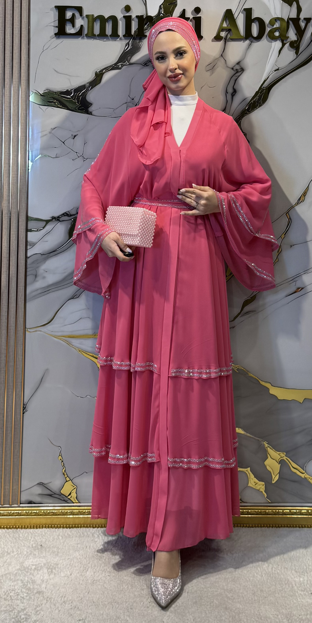 Üç Katlı Pembe Beyaz Taşlı Şifon Abaya - Kemer ve Şal Dahil | TM44 WSP