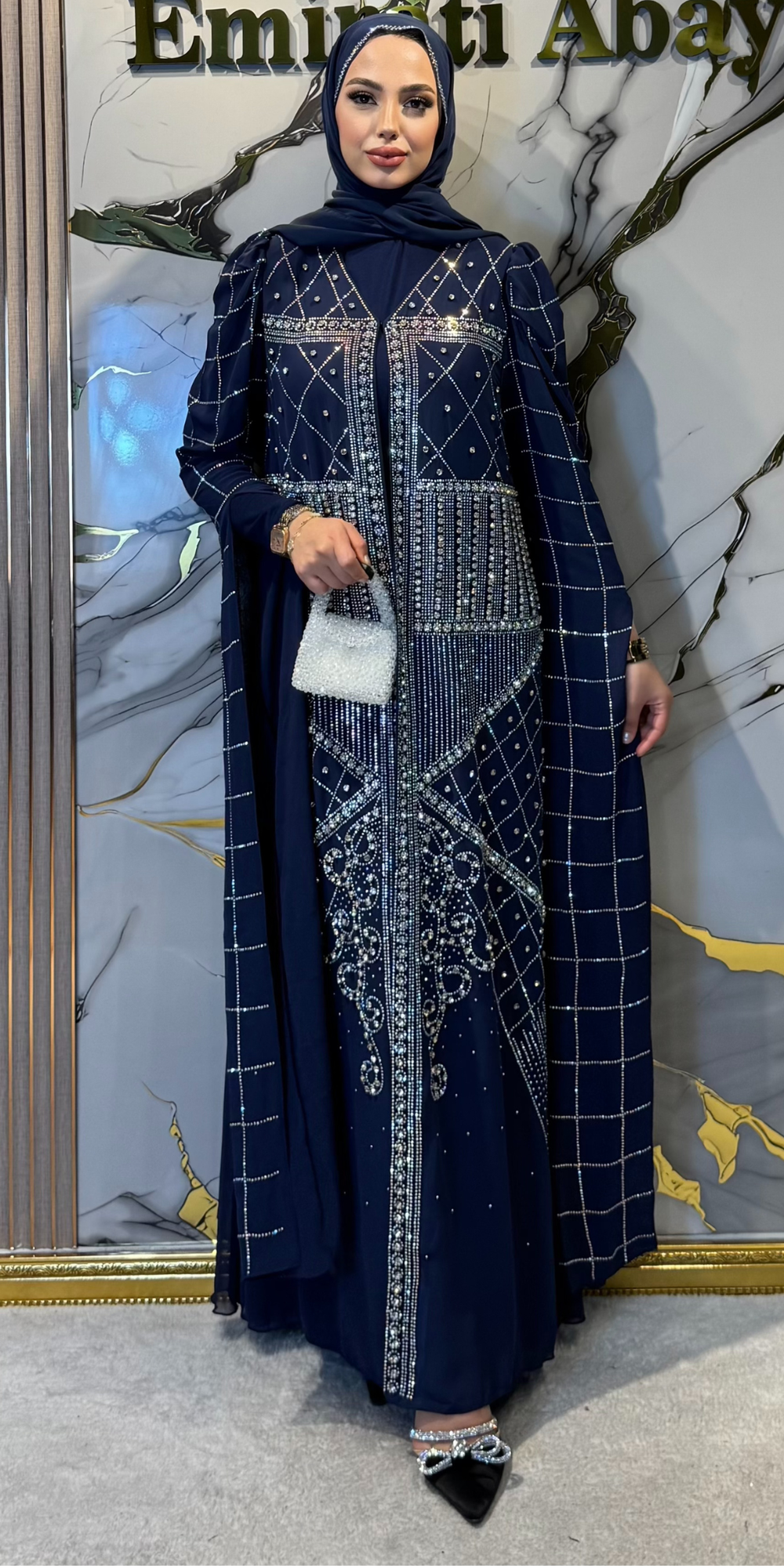 JanJan عباية شيفون أكمام طويلة كحلي بنقشة هندسية | TM83 JSL