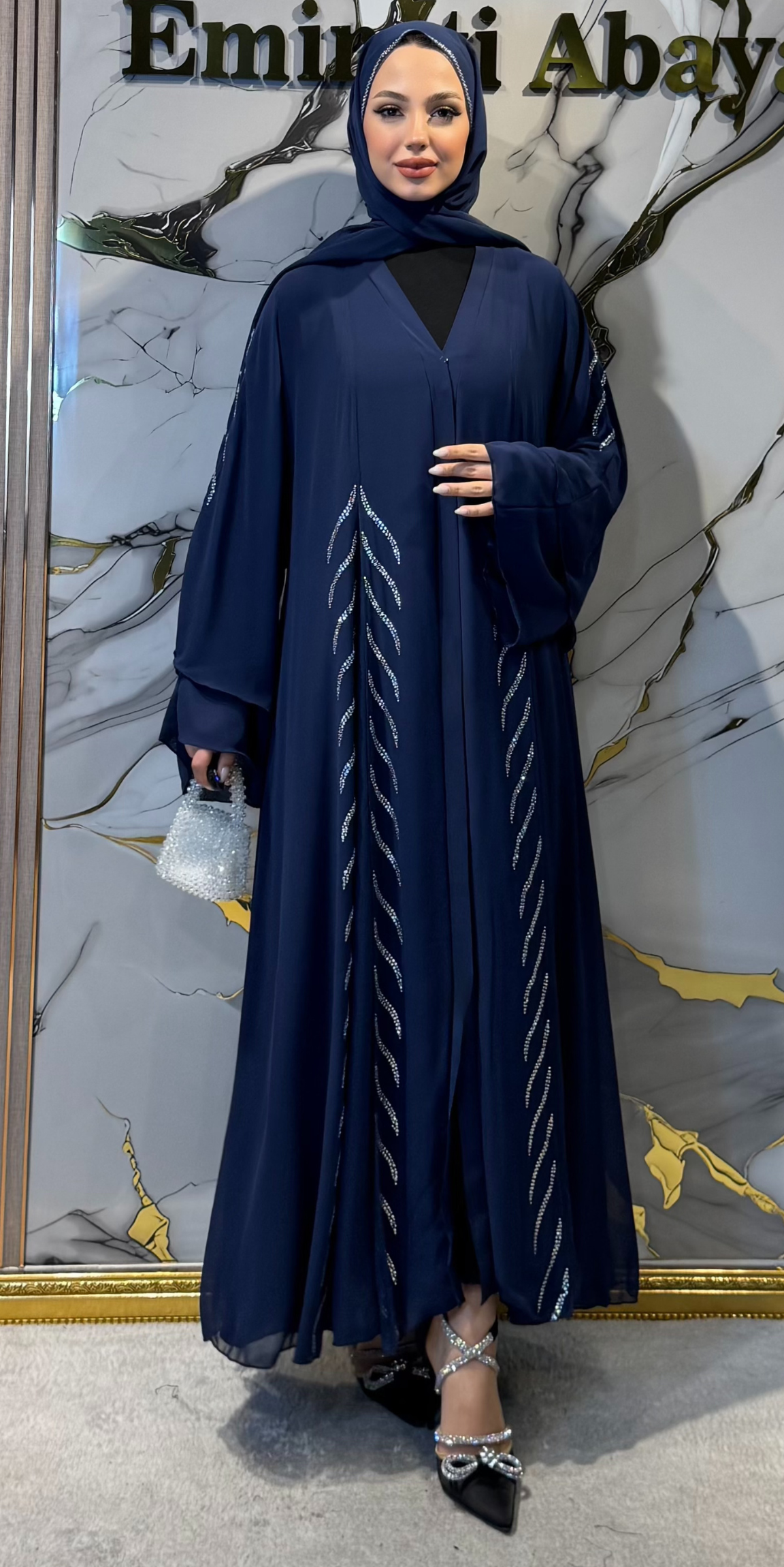 Elegant Navy Abaya with Pearl Stripe Detail | TM06 WSL TICK