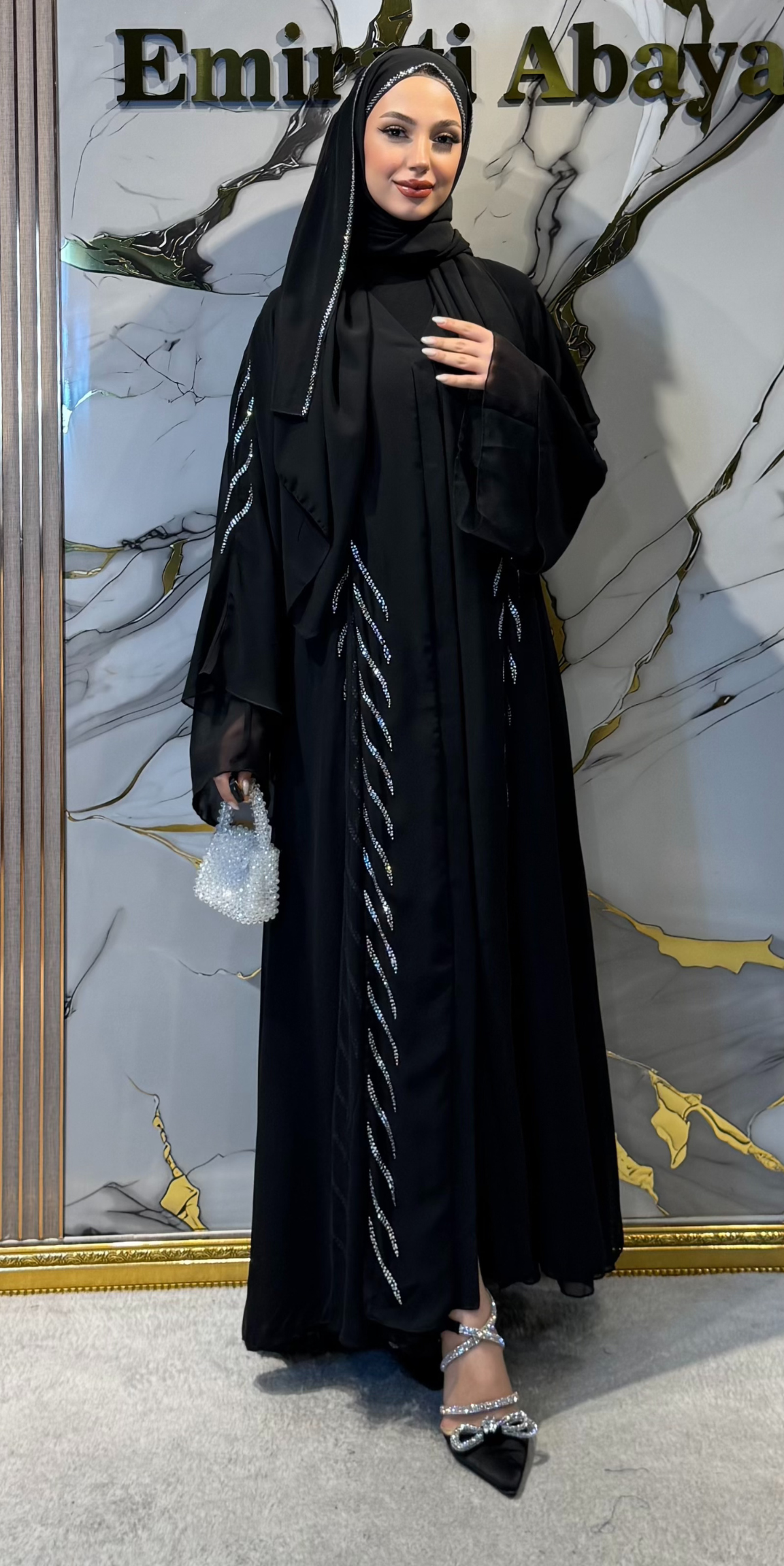 Önü Yırtmaçlı Swarovski Taşlı Siyah Abaya - Şifon Zarif Model TM06 TICK WSB