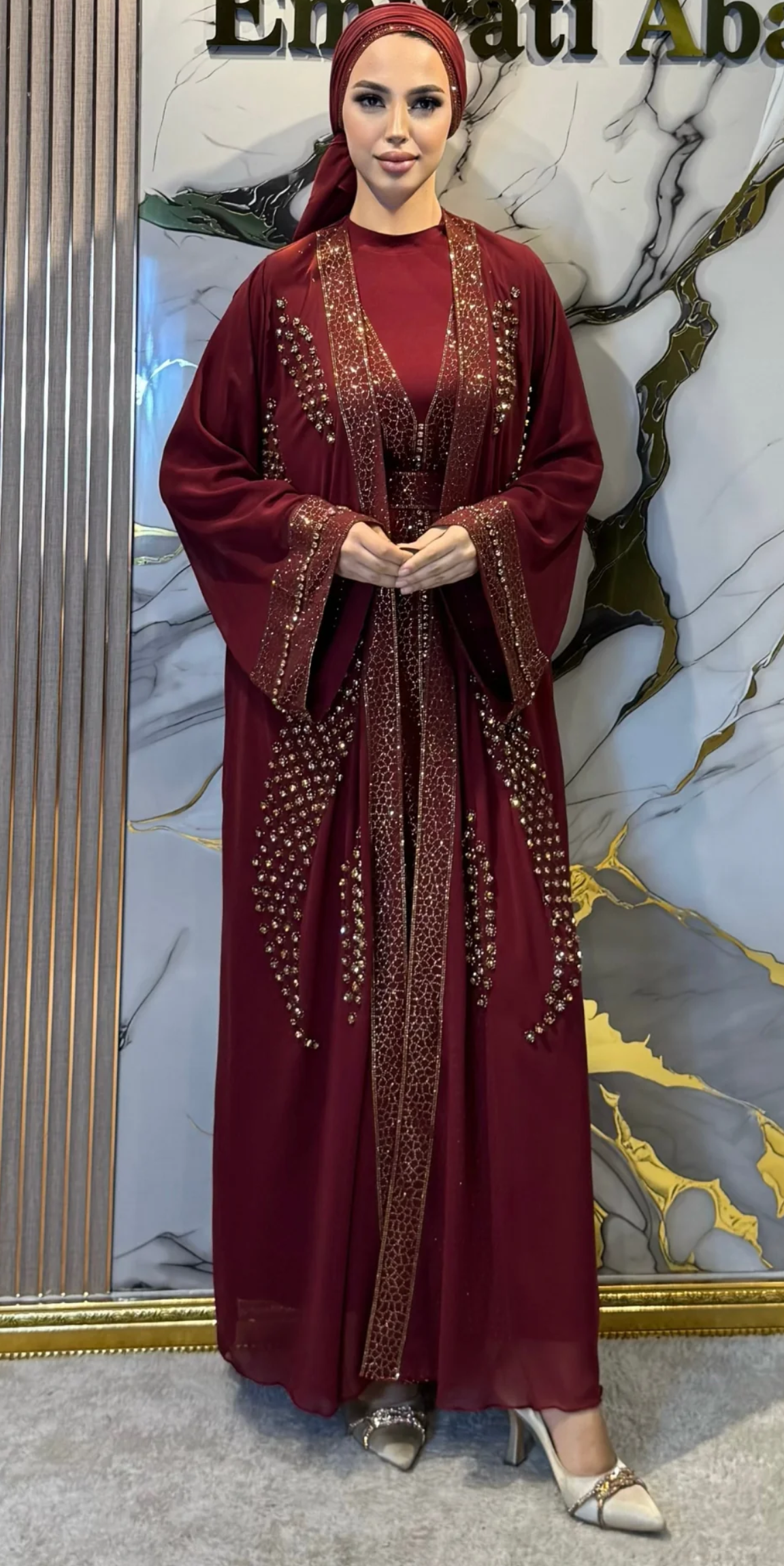 Altın Taşlı Bordo Şifon Abaya Takımı - 4 Parça Lüks Set (Şal, Kemer ve Sandy İçlik Dahil) WS31 GSBORDO