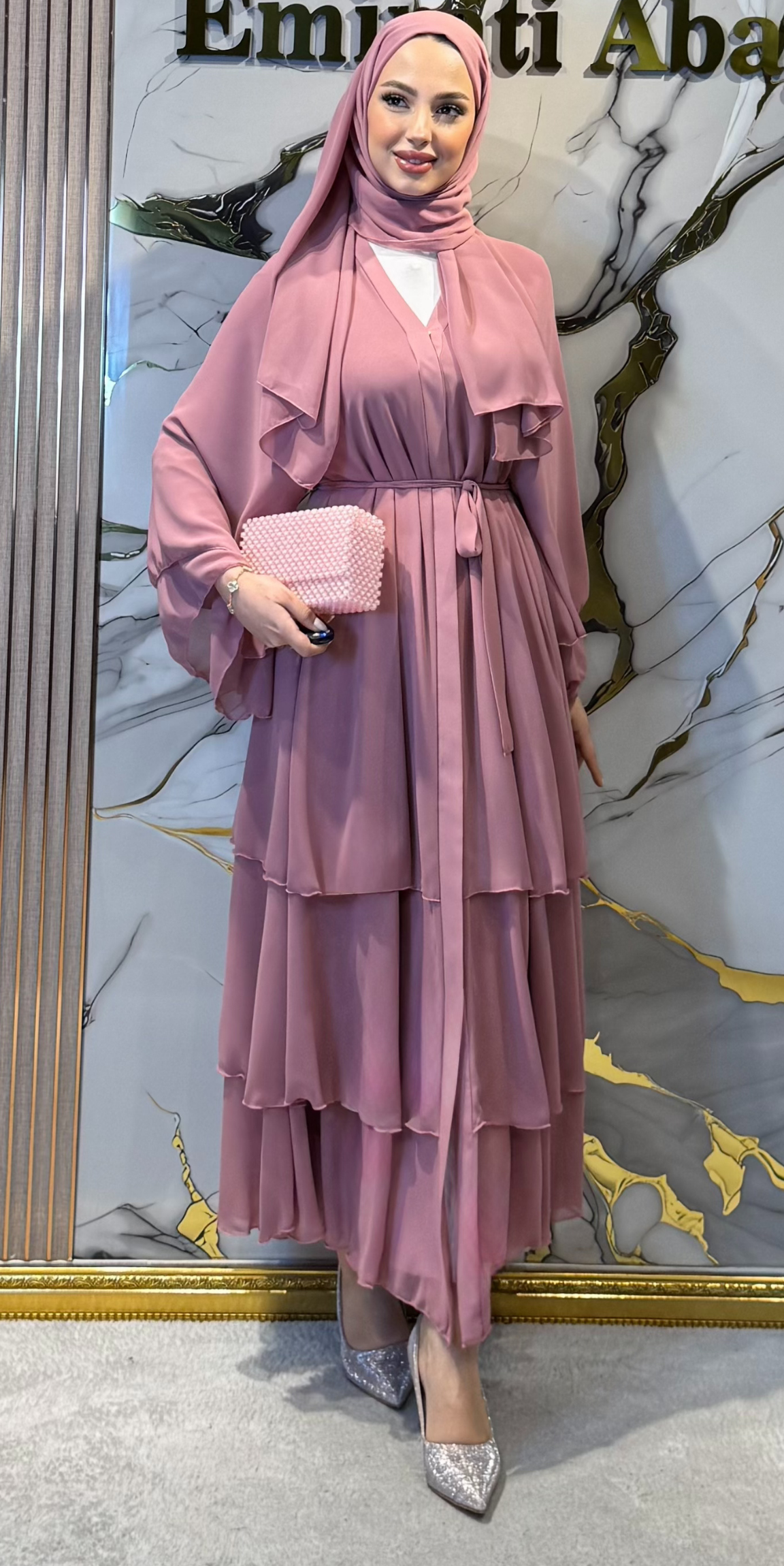 Three-Layer Pink Chiffon Abaya RK011 D PINK - Everyday Model Including Buttoned Shawl and Belt