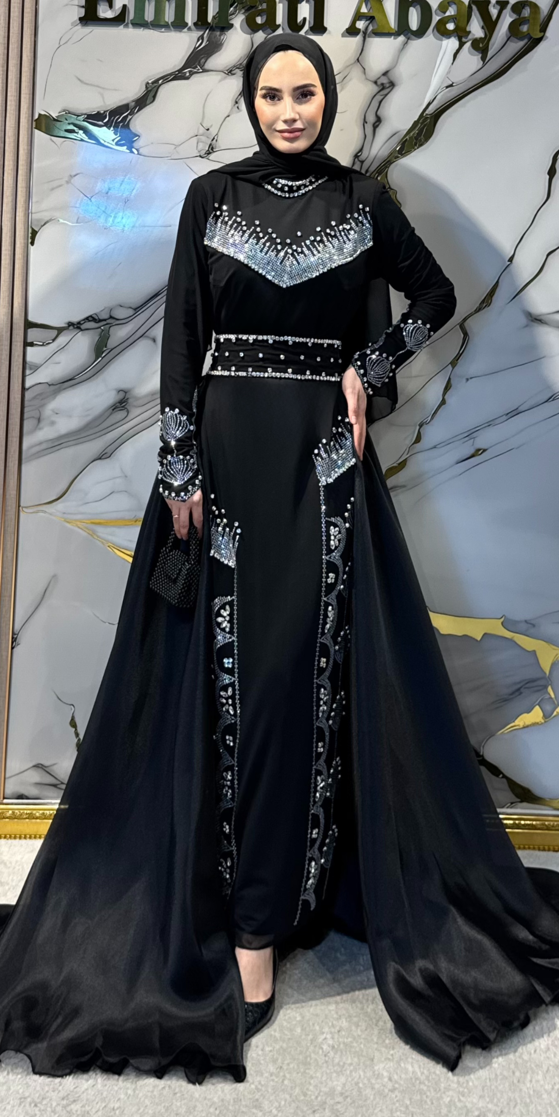 Black Chiffon Wedding Abaya with White Stone Embellishments - Elegant Lace Detail Model WS16