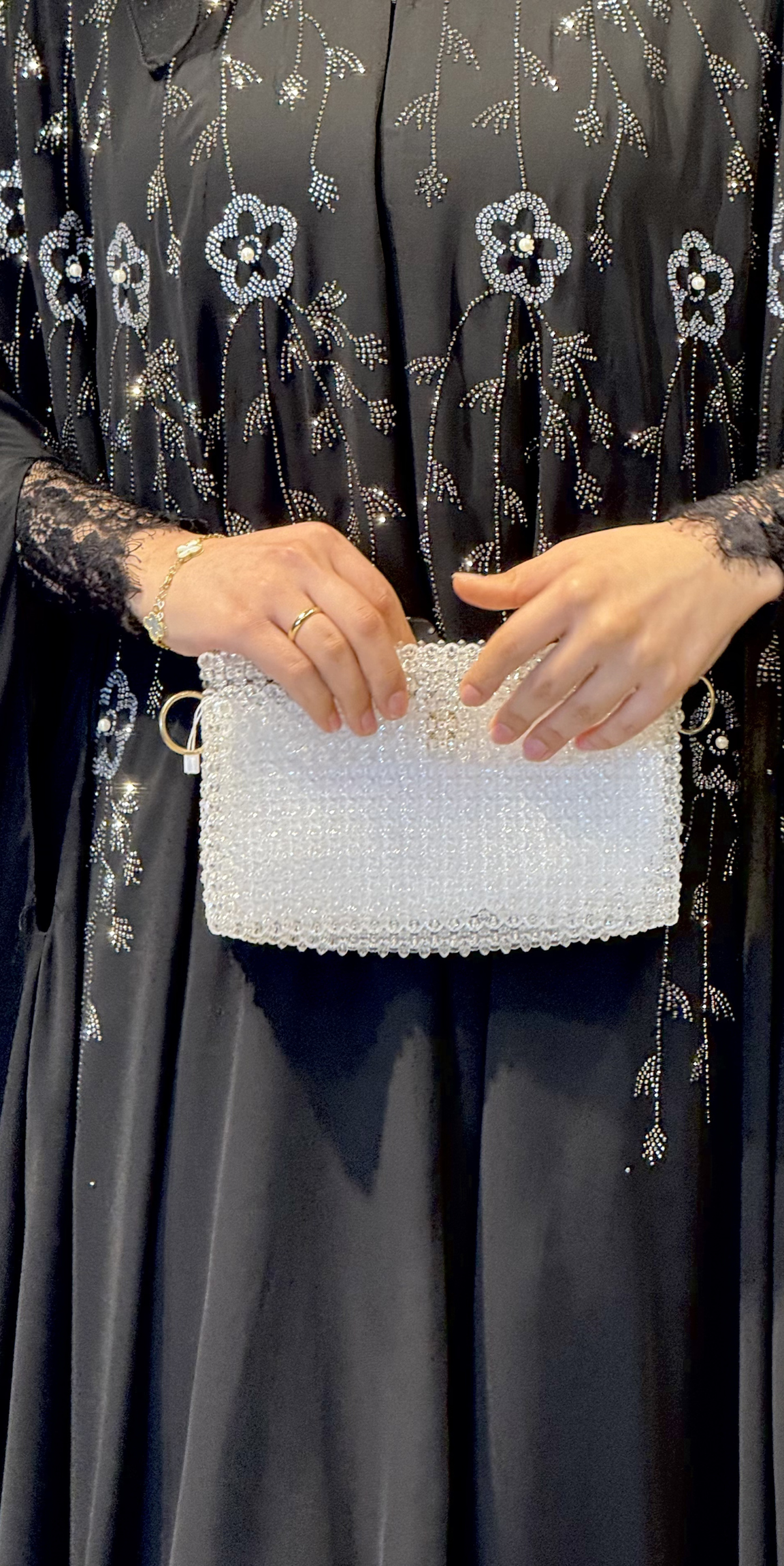 Black Korean Chiffon Abaya LY44 WSB with Hematite and Swarovski Crystals - 3-Piece Luxury Set (Includes Shawl and Undershirt)