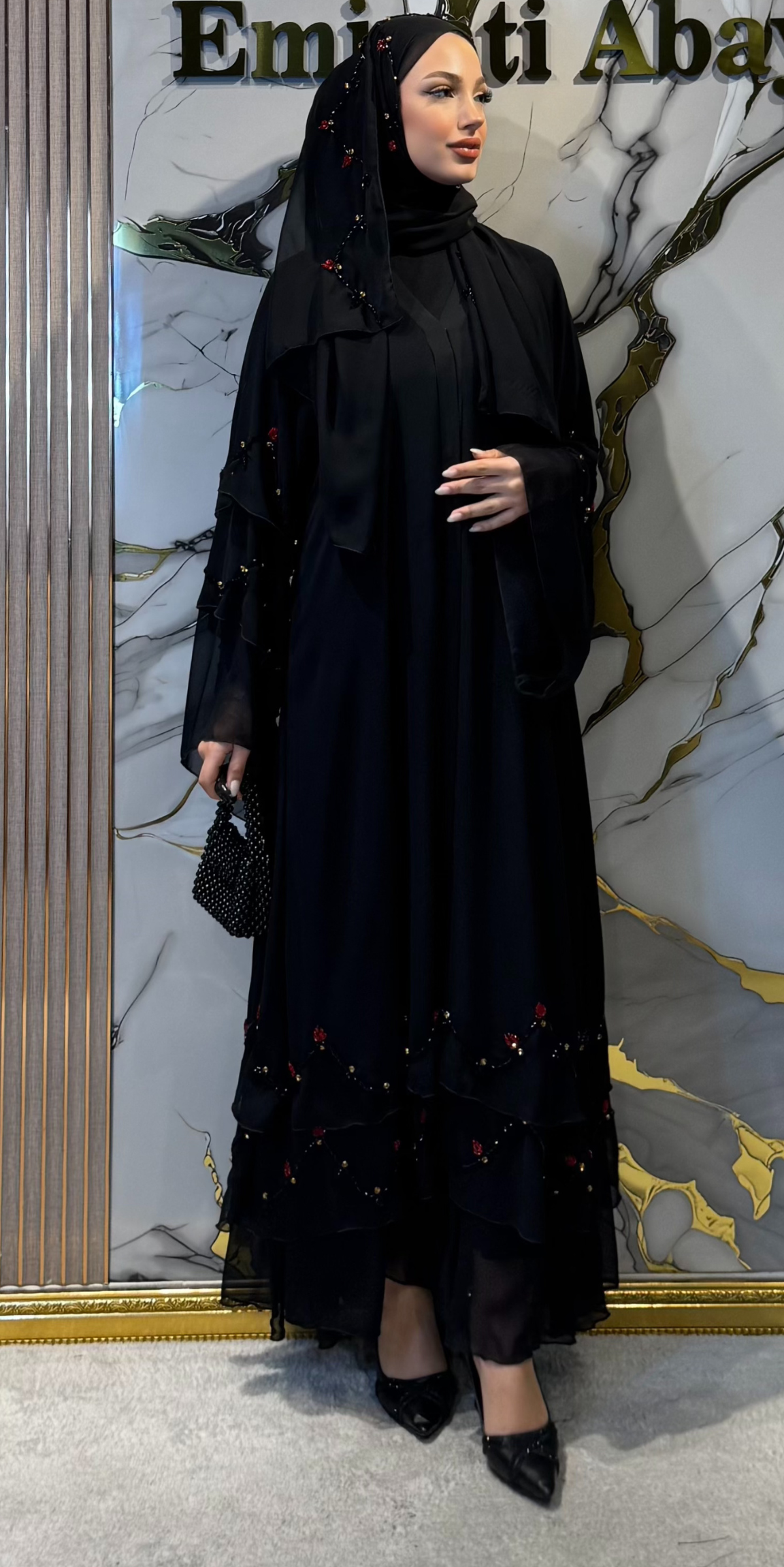 Hand-Embroidered Red Stone Embellished Chiffon Abaya - Wedding and Special Occasion M1 RedSB