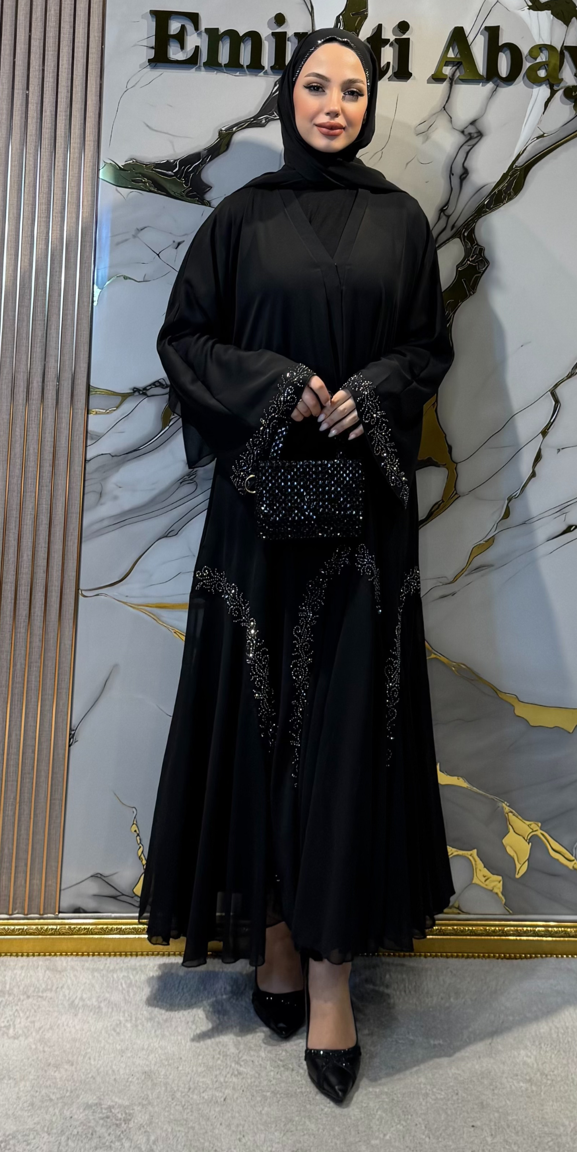 Hematit Taş Desenli Siyah Şifon Abaya Kristal Desen | TM104 HSB