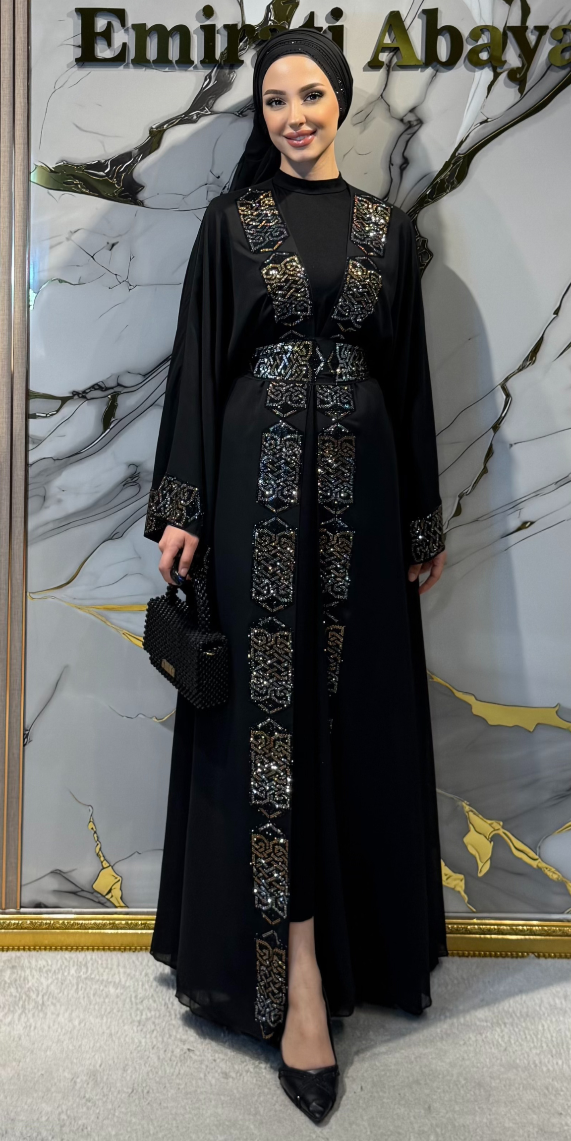Elegant Black Abaya with Gold Stones on the Front TM040 - 3-Piece Set (Includes Shawl and Undershirt)