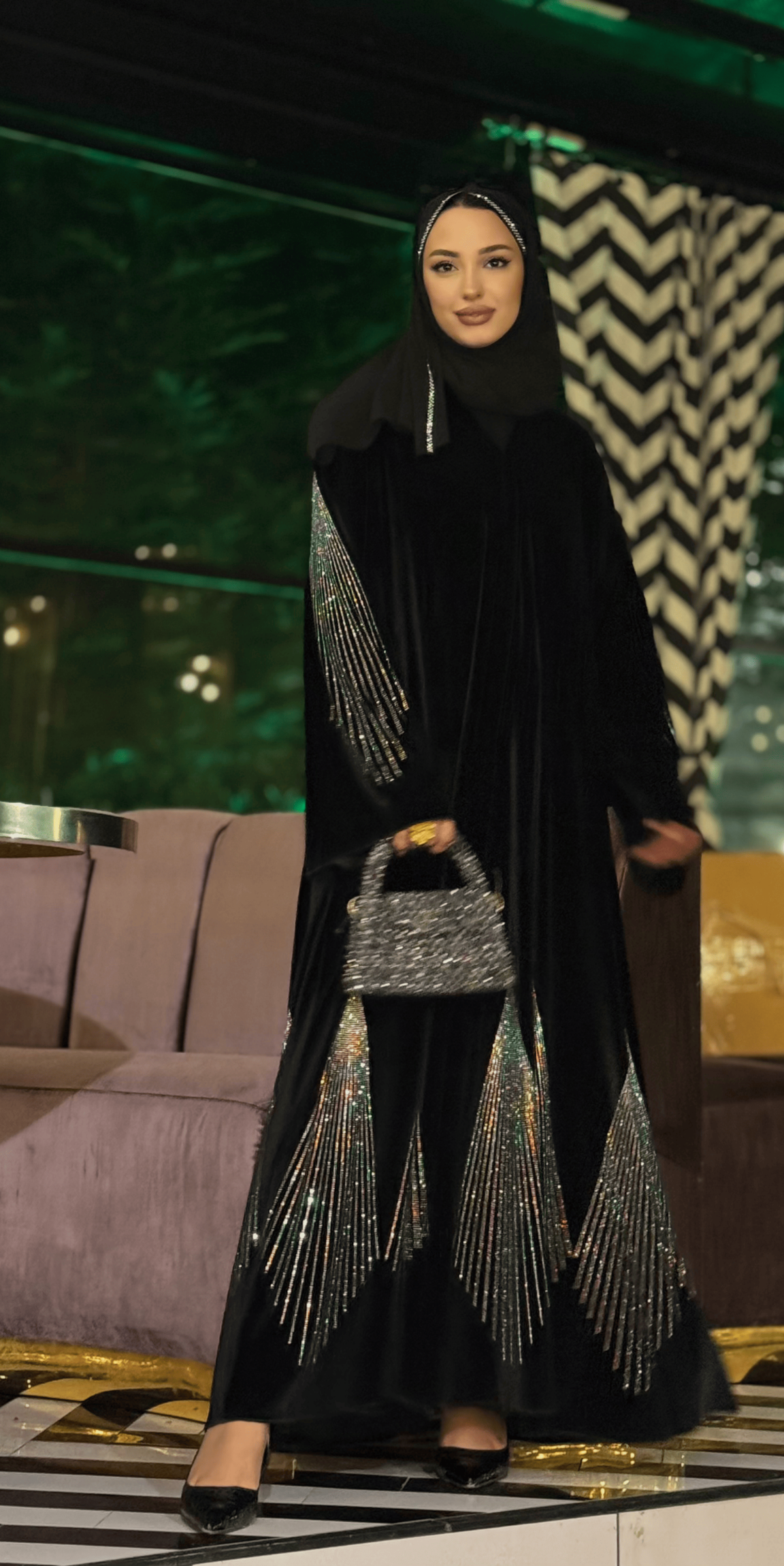 Velvet Black Abaya with Jan Jan Stone Skirt