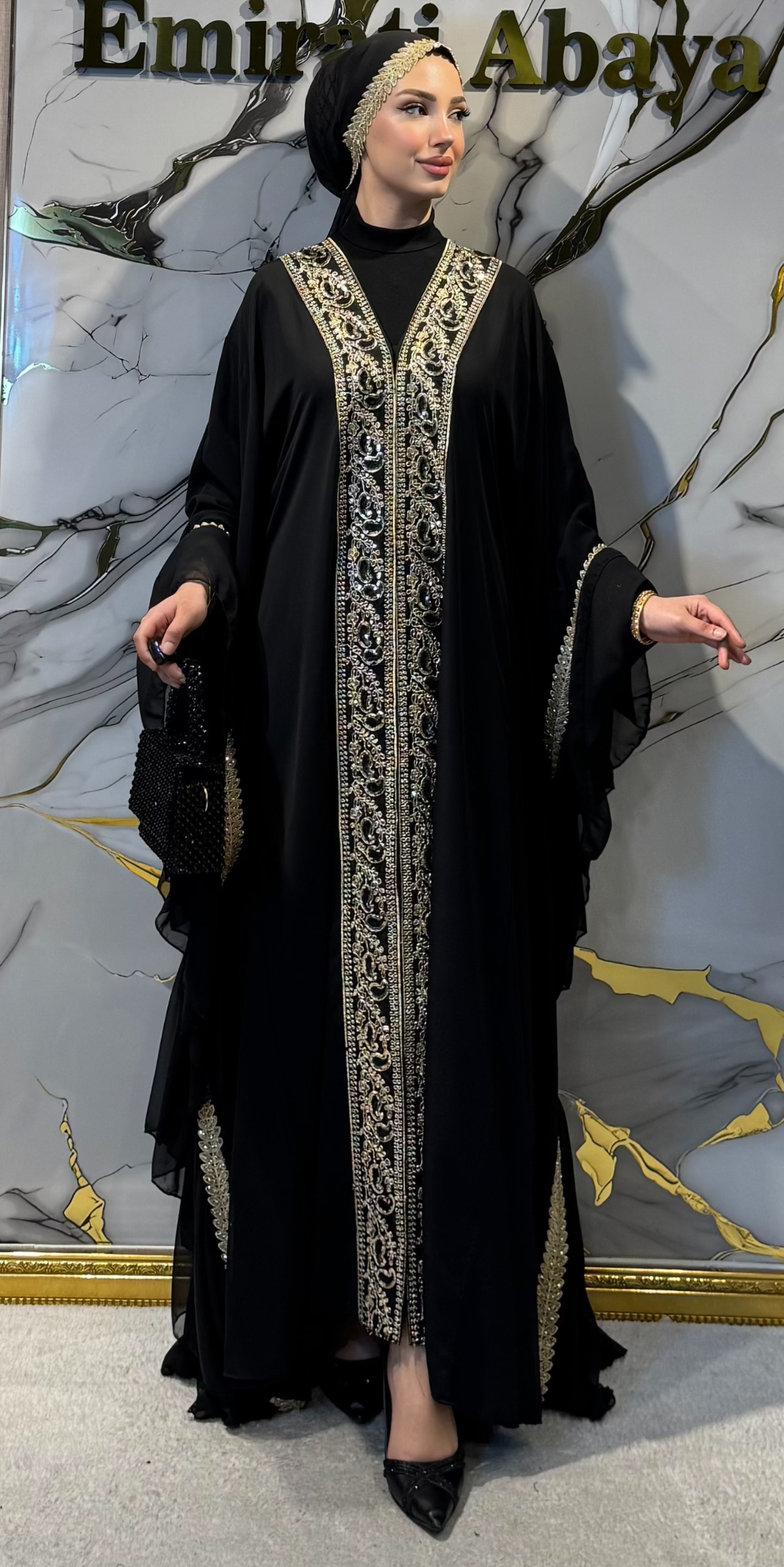 Önü Altın Taş İşlemeli Şifon Abaya - Çıtçıtlı Zarif Model WS04 GSB
