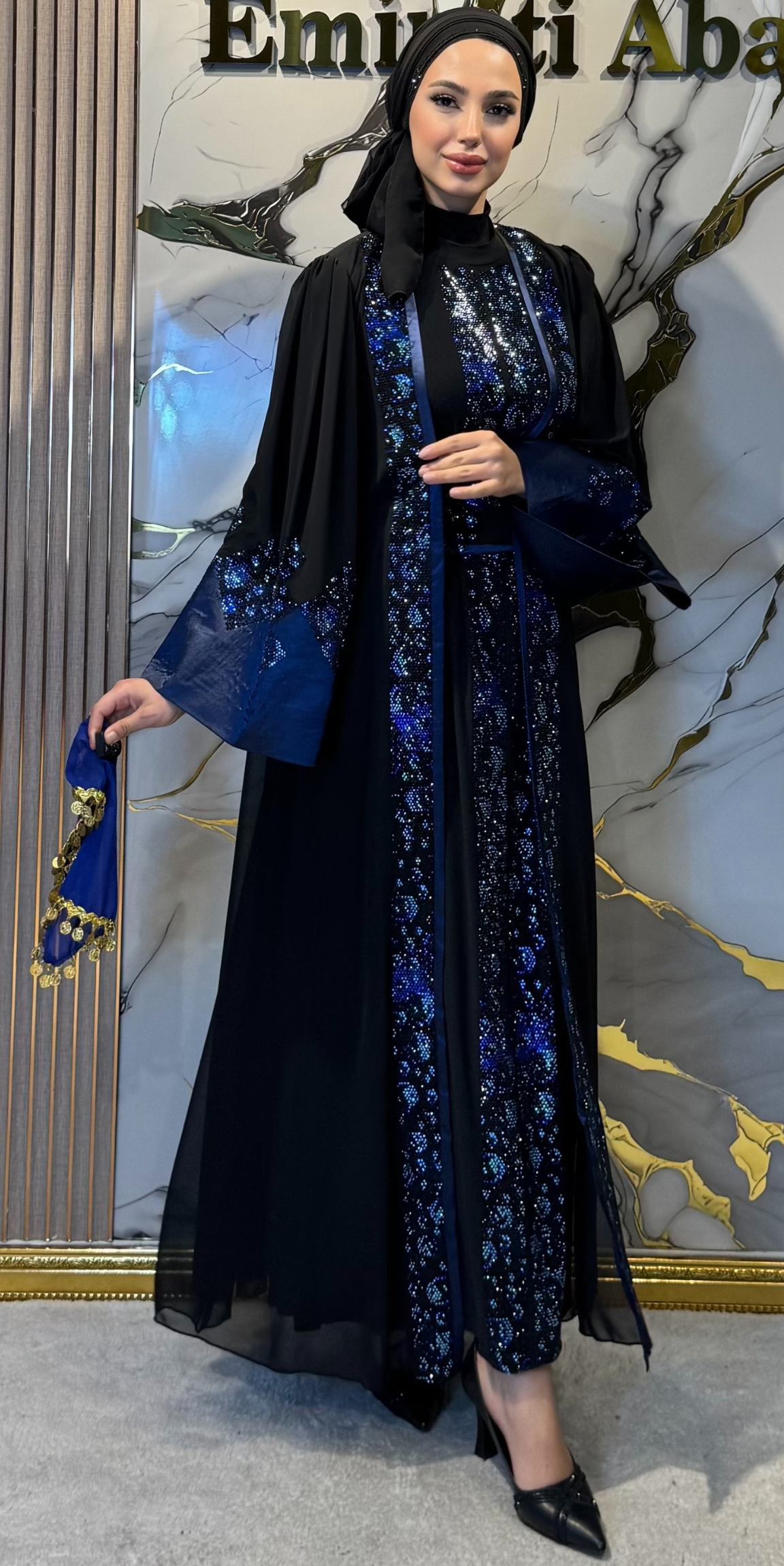 Dubai Style Blue Swarovski Crystal Embellished Traditional Black Korean Chiffon Abaya WS66 MSB - 4-Piece Luxury Set (Includes Shawl, Belt and Undershirt) WS66 MSB