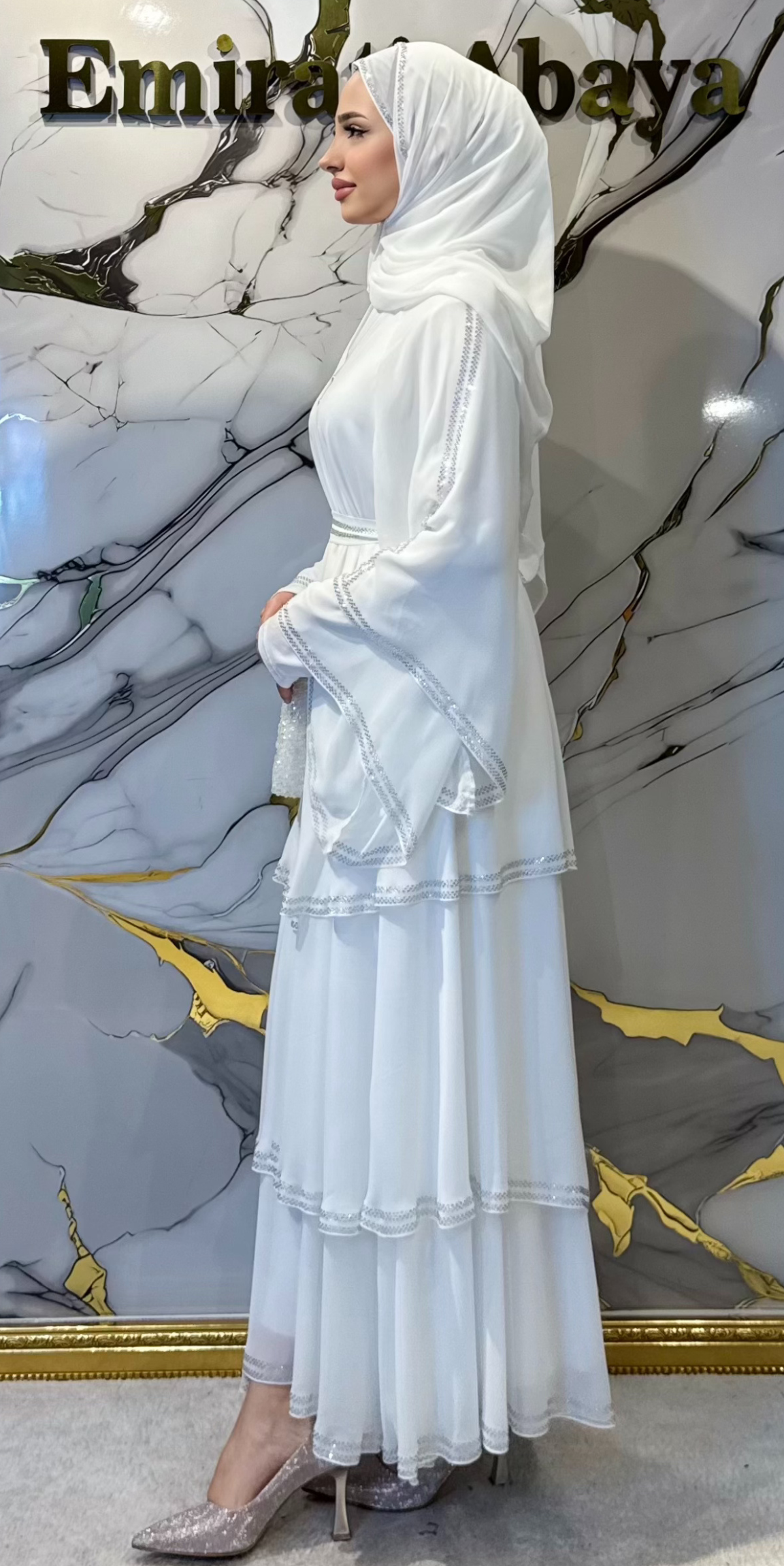 Lüks Beyaz Swarovski Taşlı Üç Katlı Kore Şifon Abaya