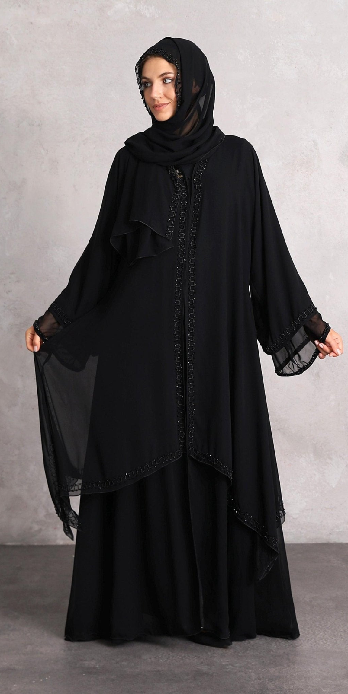 Black Chiffon Abaya with Elegant Stones Hand Embroidery