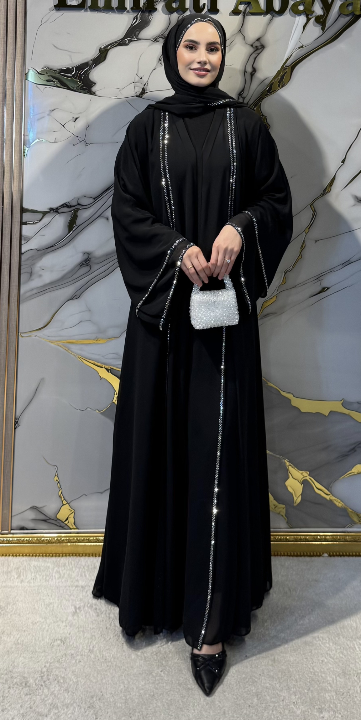 Önü Yırtmaçlı Beyaz Taşlı Siyah Abaya TM06 WSBLACK - Çıtçıtlı Şal Dahil Zarif Model
