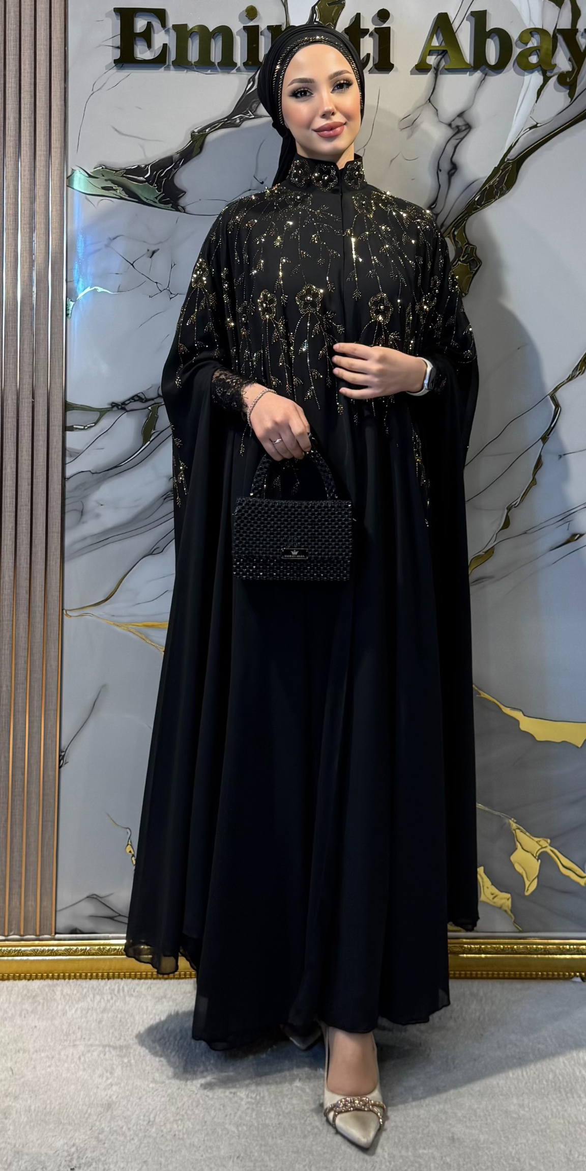 Kolsuz Şifon Abaya Gold Çiçek Taş İşlemeli | LY44 GSB