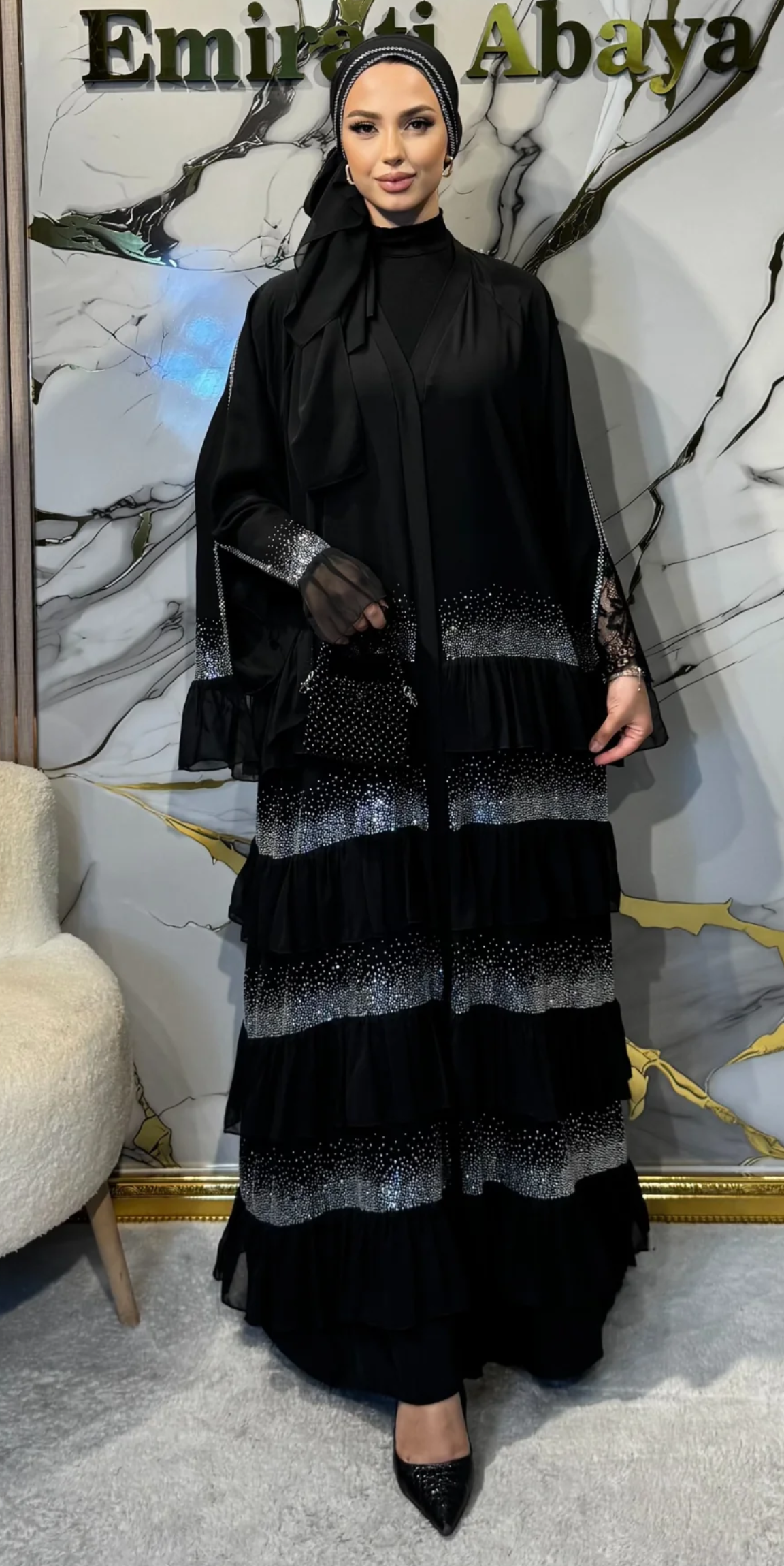 Dört Katlı Beyaz Taşlı Siyah Dubai Kumaş Takım | WS05 WSB