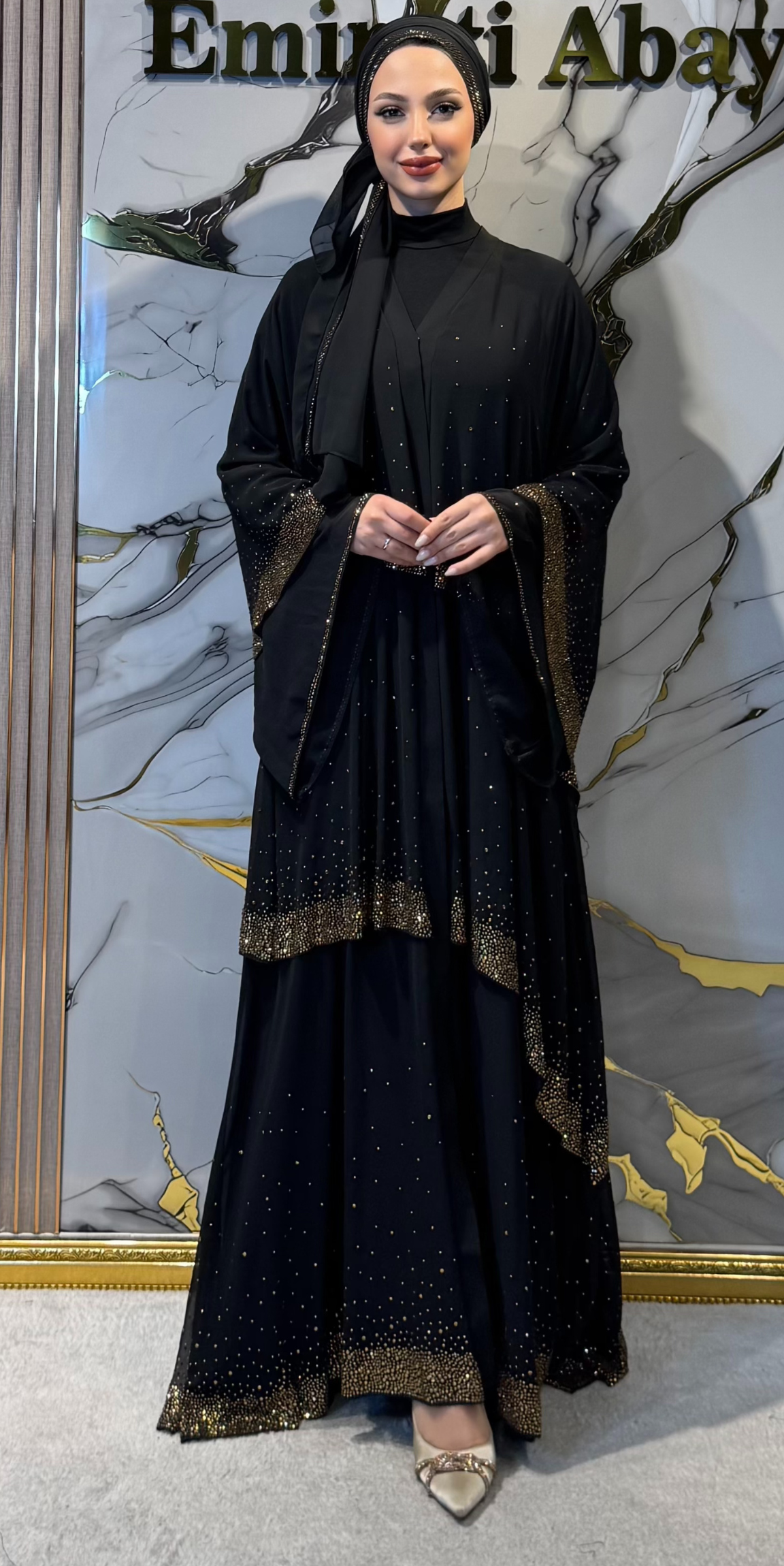 Gold Taşlı Katmanlı Siyah Şık Abaya TM34 GSB