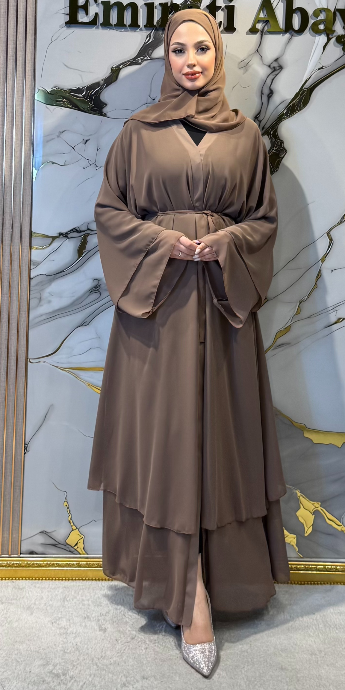 Mink Chiffon Abaya RK009 MINK - Everyday Model Including Buttoned Shawl and Belt