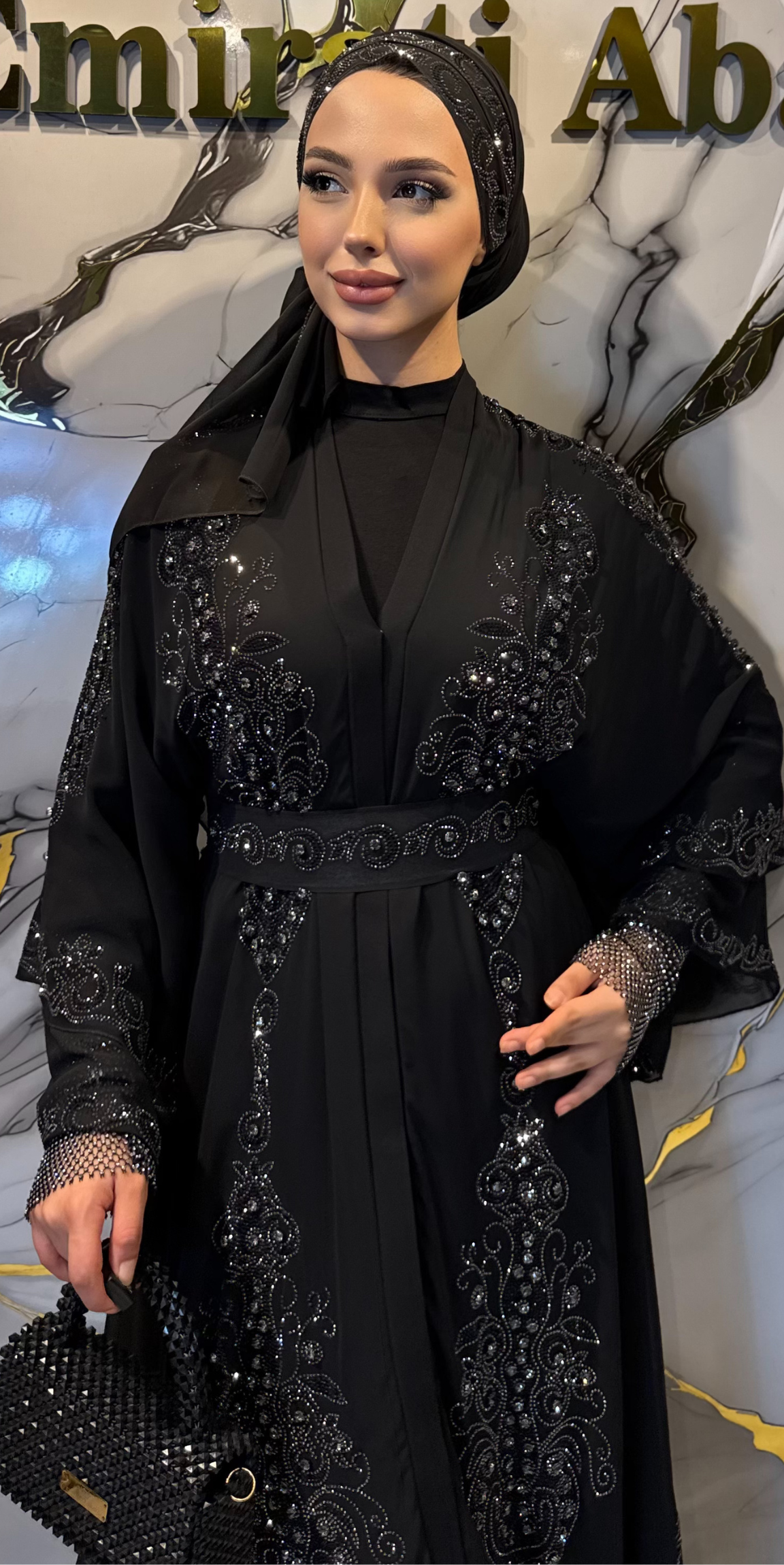 Lüks Çift Katlı Şifon Hematit Taş İşlemeli Abaya LY14 HSB