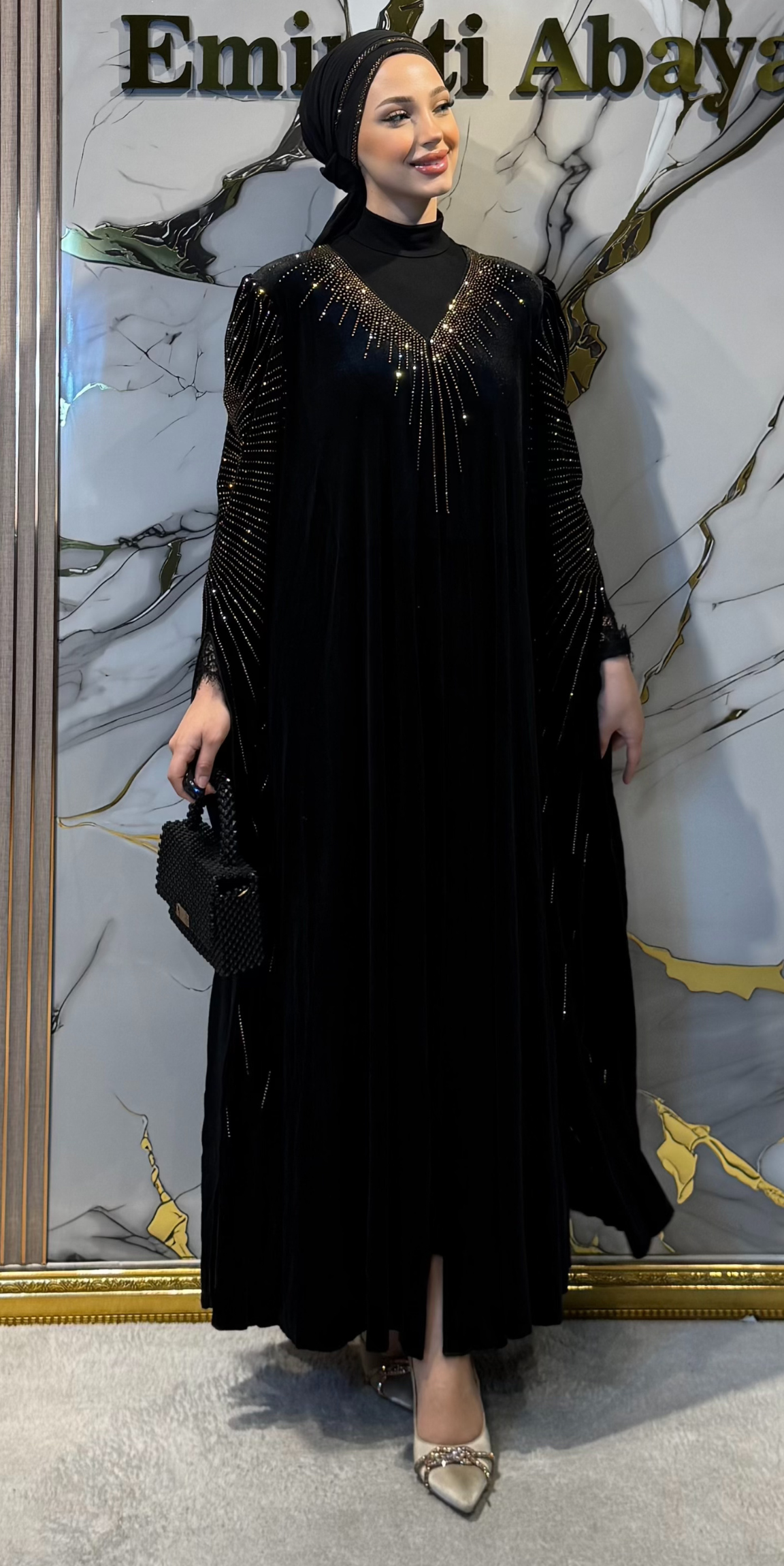 Black Velvet Evening Dress with Gold Embellishments - Long Sleeved, Sparkling Model TM82 GSVB