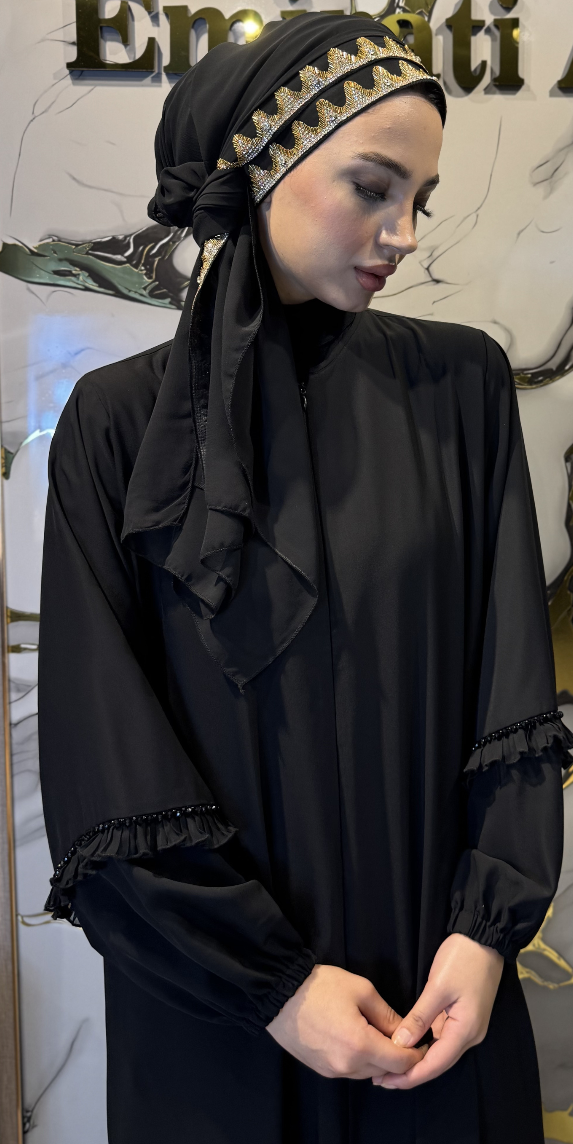 Ön Altın Taşlı Siyah Kore Şifon Şal 180x75cm ŞAL17 GSB - Zarif Kenar Detaylı Model