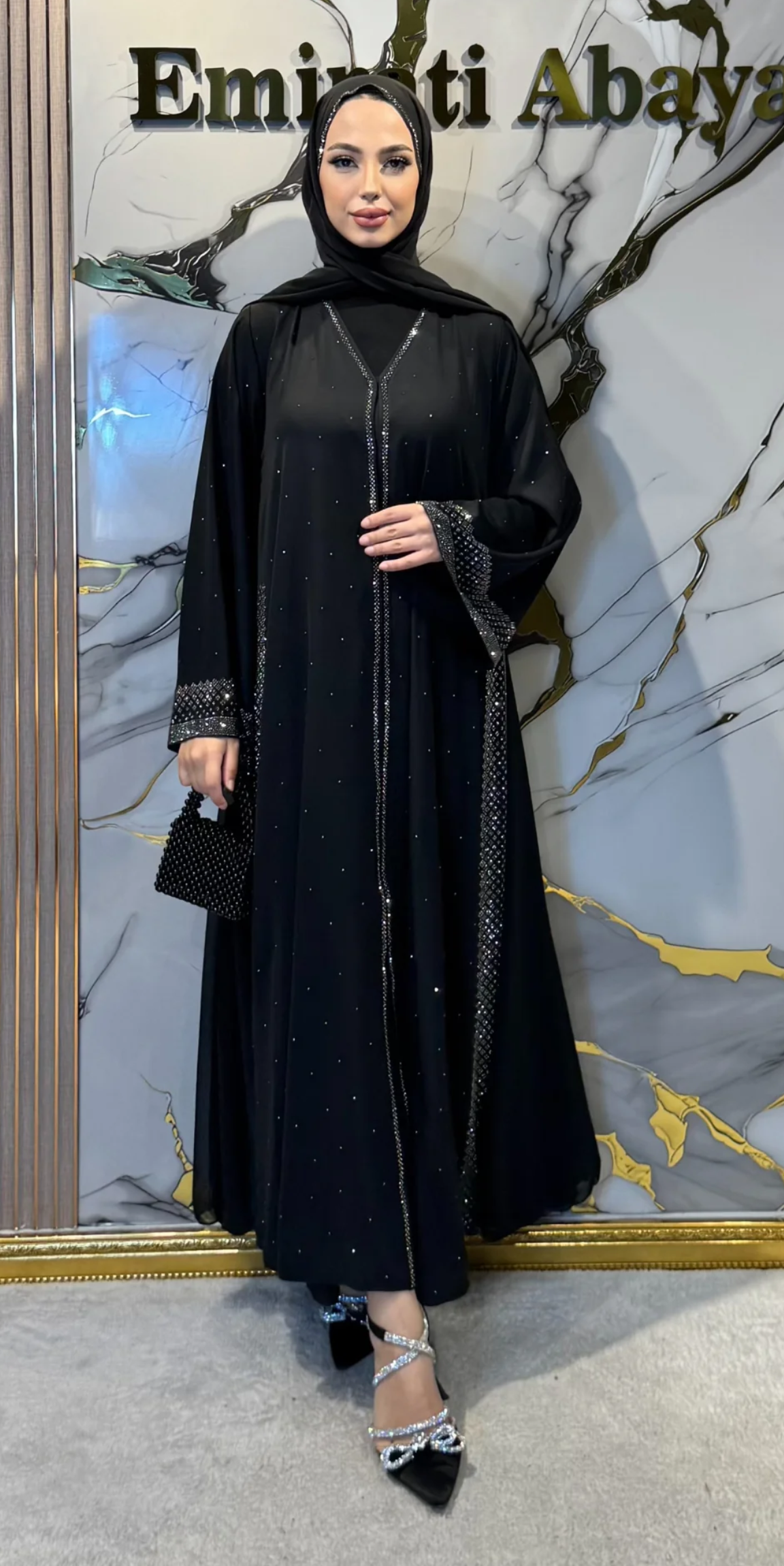 Luxury Dubai Abaya with Hematite Stone Details | LY26 HSB