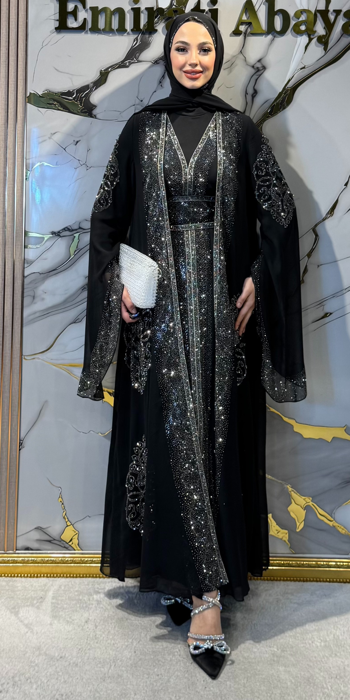 Starlit Noir Hematite Stone Embellished Traditional Abaya | WS57 HSB