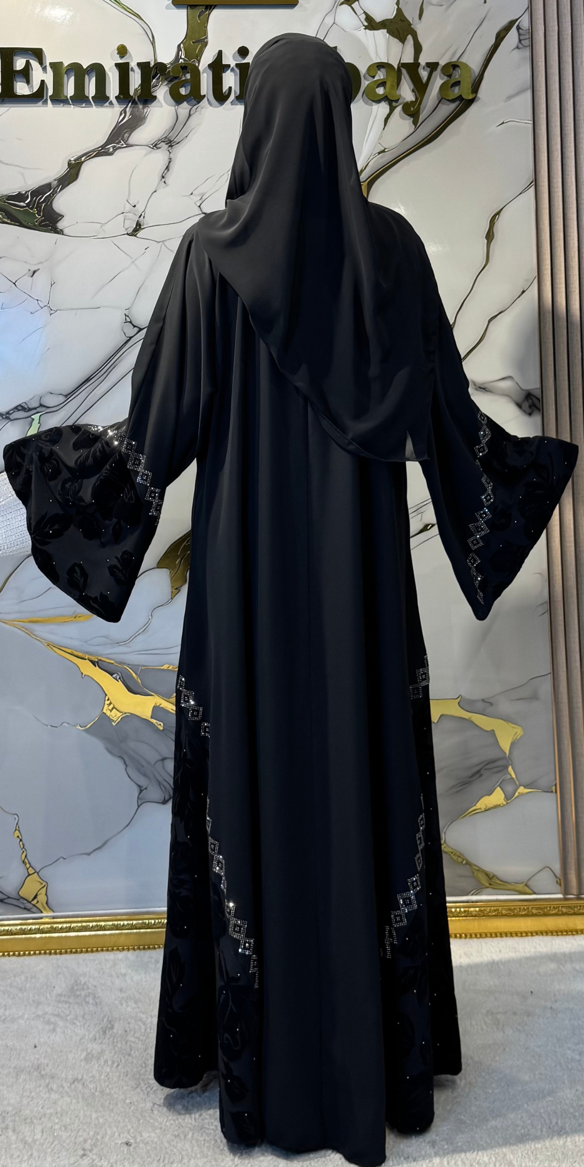 Black Flock &amp; Korean Chiffon Dubai Style Abaya with Swarovski Hematite Stones