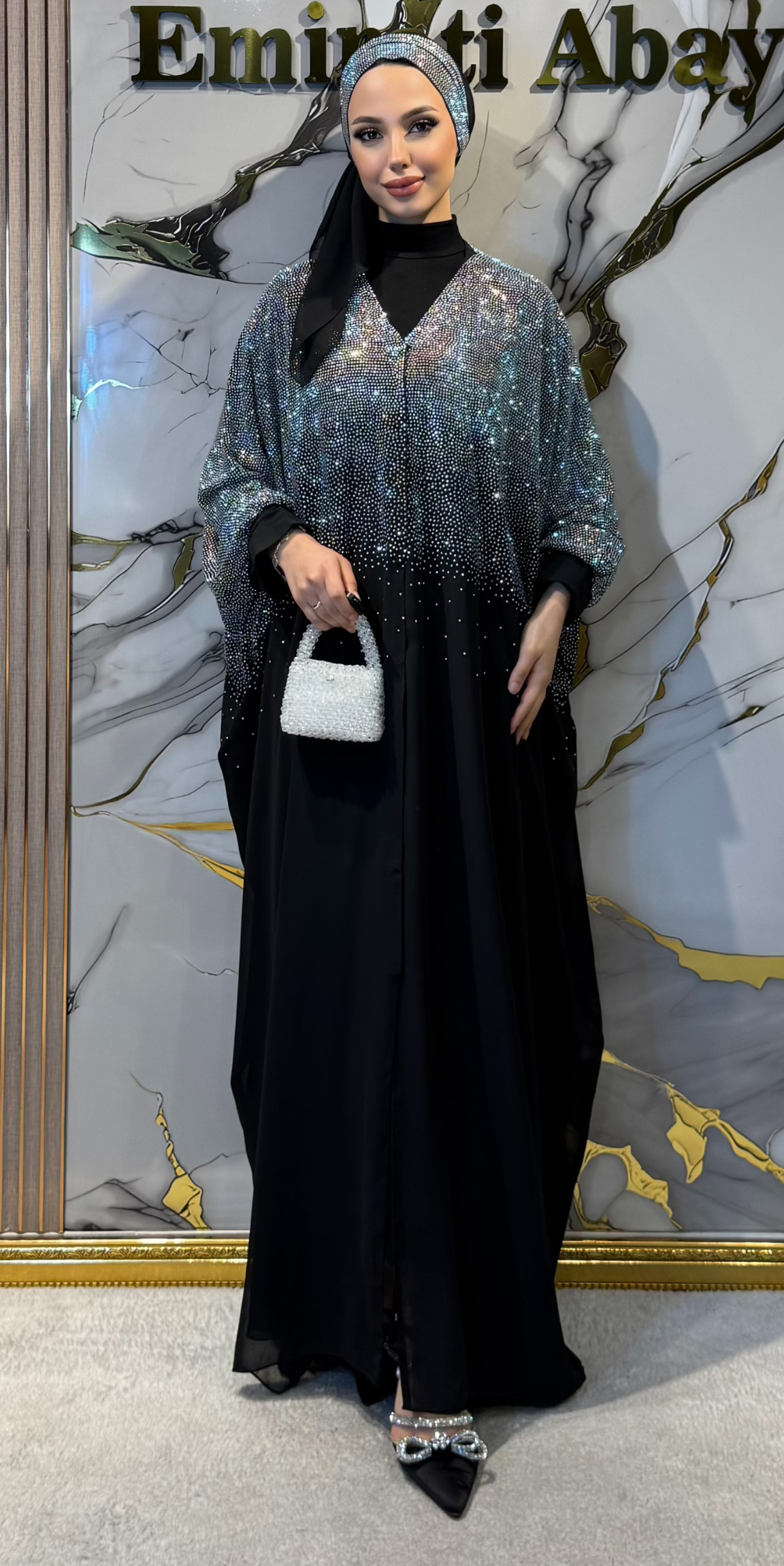 Üstü Swarovski Taşlı Siyah Yarasa Kol Abaya - Çıtçıtlı Modern Model TM64 JSB
