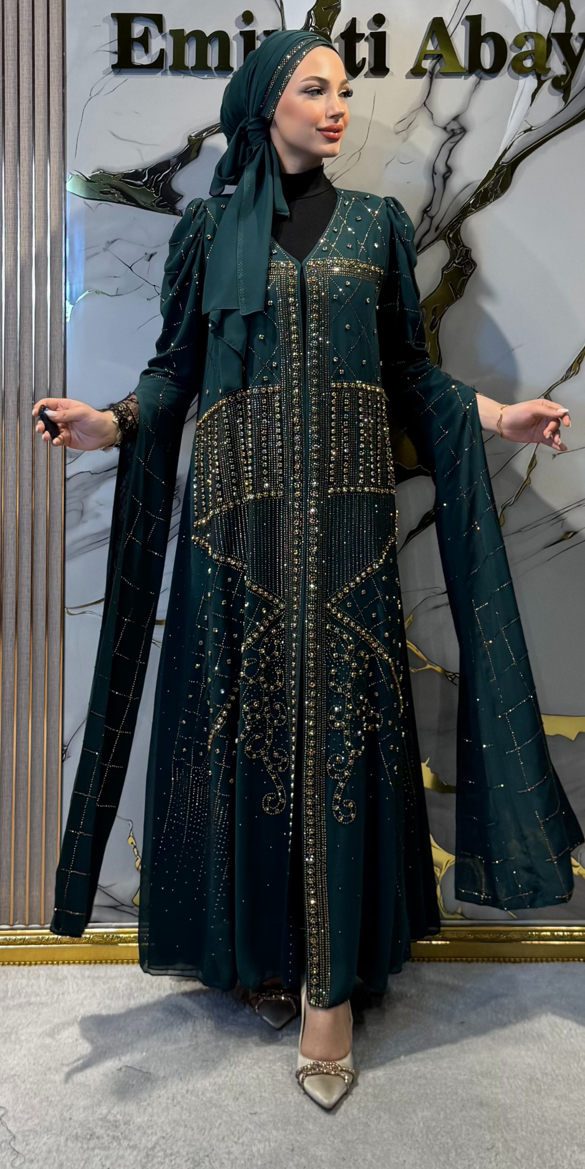 Gold Taşlı Geometrik Desenli Yeşil Şifon Abaya Şal Dahil | TM83 GSG