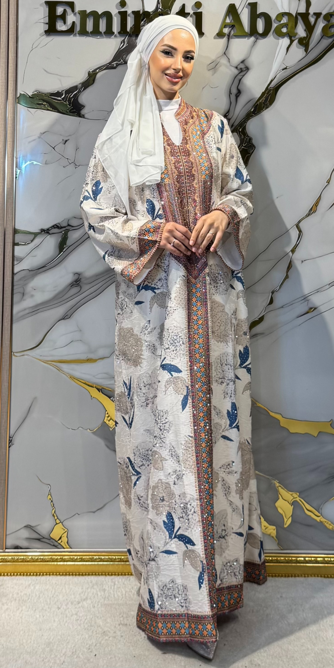 Çiçek Baskılı Krem Jakar Günlük Abaya | KSA05 KREM