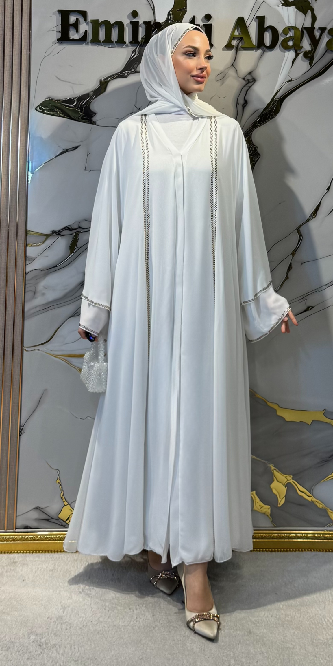 Önü Yırtmaçlı Taşlı Beyaz Şifon Abaya  Şal Dahil | TM06 WSW