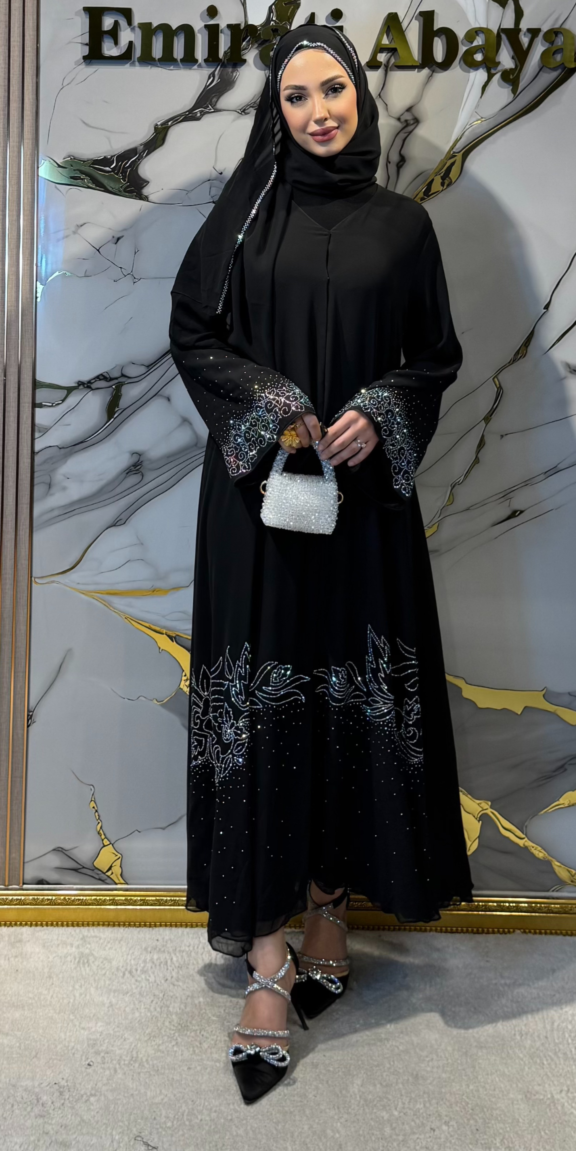 Sparkling Waltz Patterned Chiffon Stone Abaya