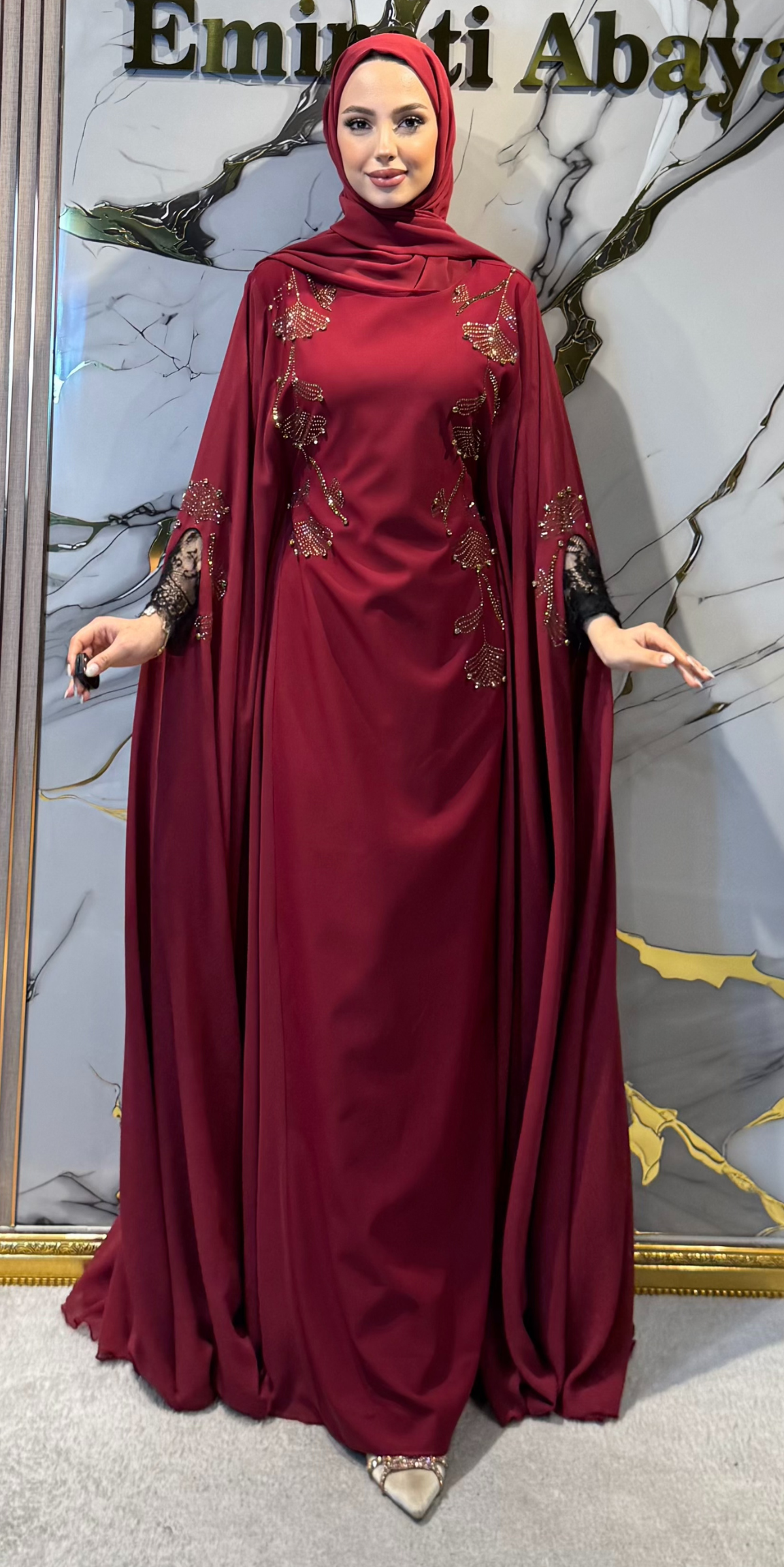 Taşlı Çiçek Desenli Bordo Kaftan - Zarif Şık Model WS02 BORDO