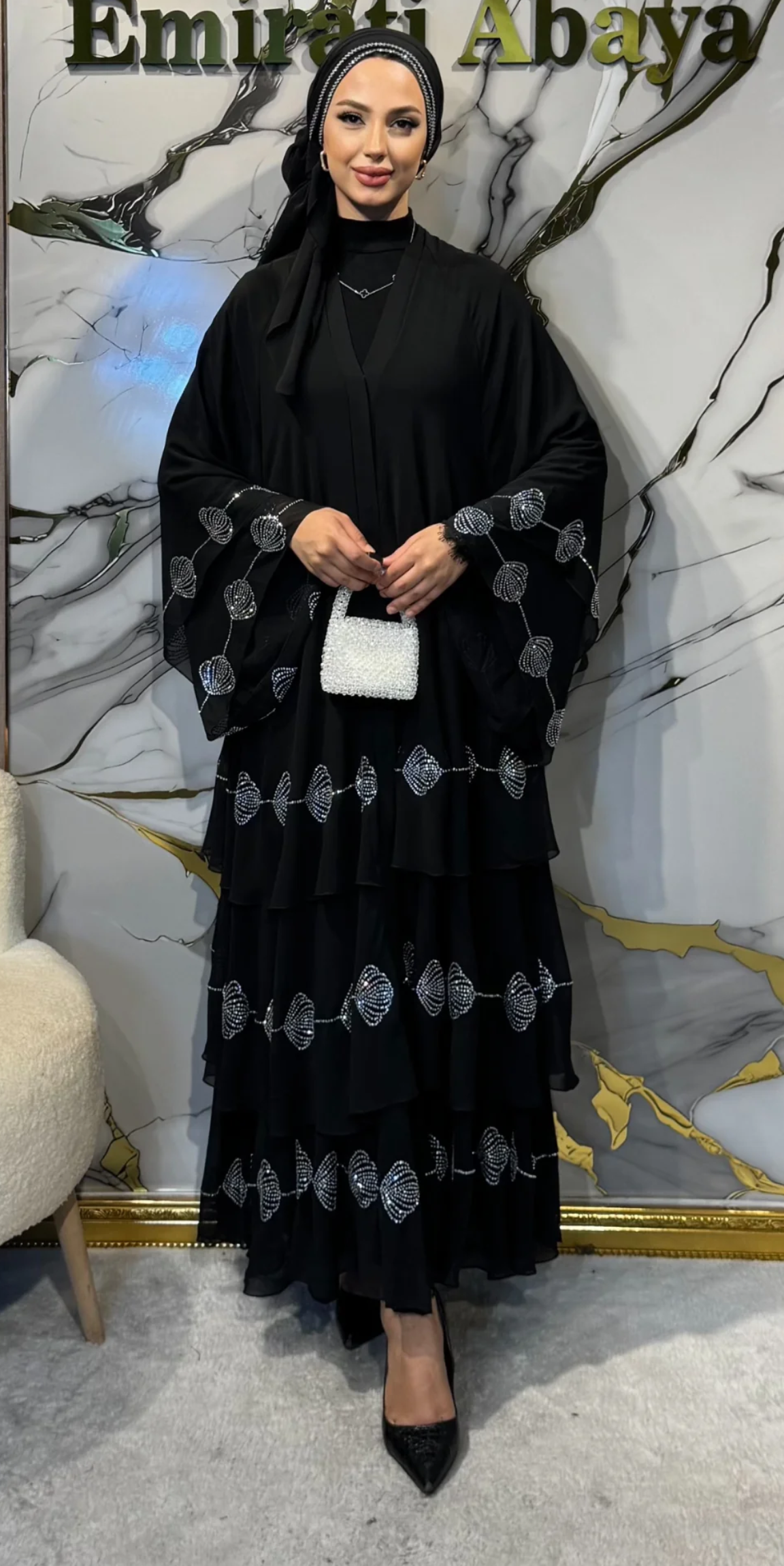 Three-Layer Chiffon Black Abaya with White Floral Hem and Button Front Closure | TM33 WSB