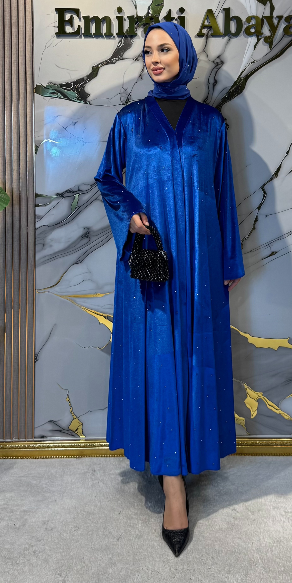 Serpiştirilmiş Taşlı Mavi Kadife Abaya Şal Dahil | TM63 VWSM