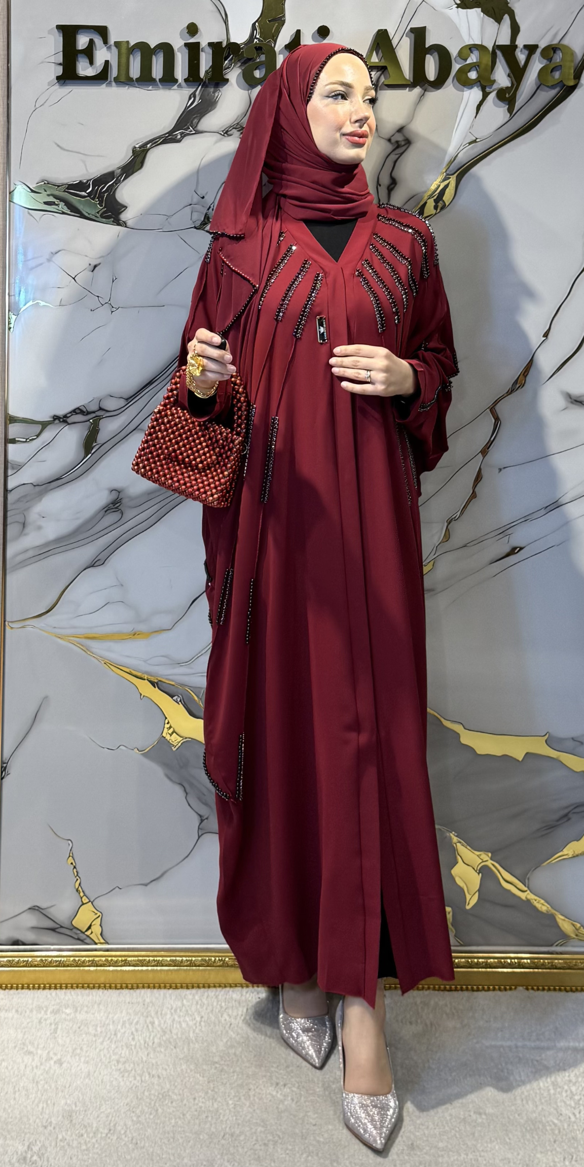 Front Embellished with Pearls and Black Stones Chiffon Burgundy Abaya - Elegant and Stylish Model TM089 C BURGUNDY BS