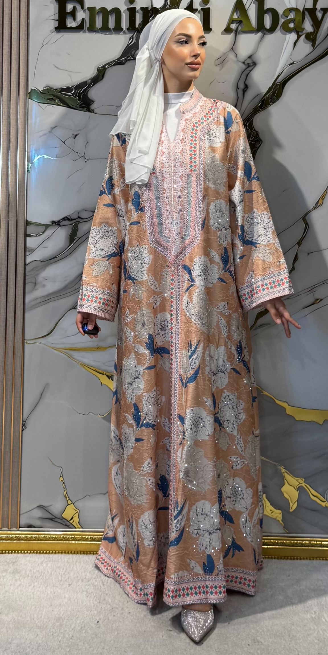 Çiçek Baskılı Turuncu Jakar Günlük Abaya | KSA05 ORANGE