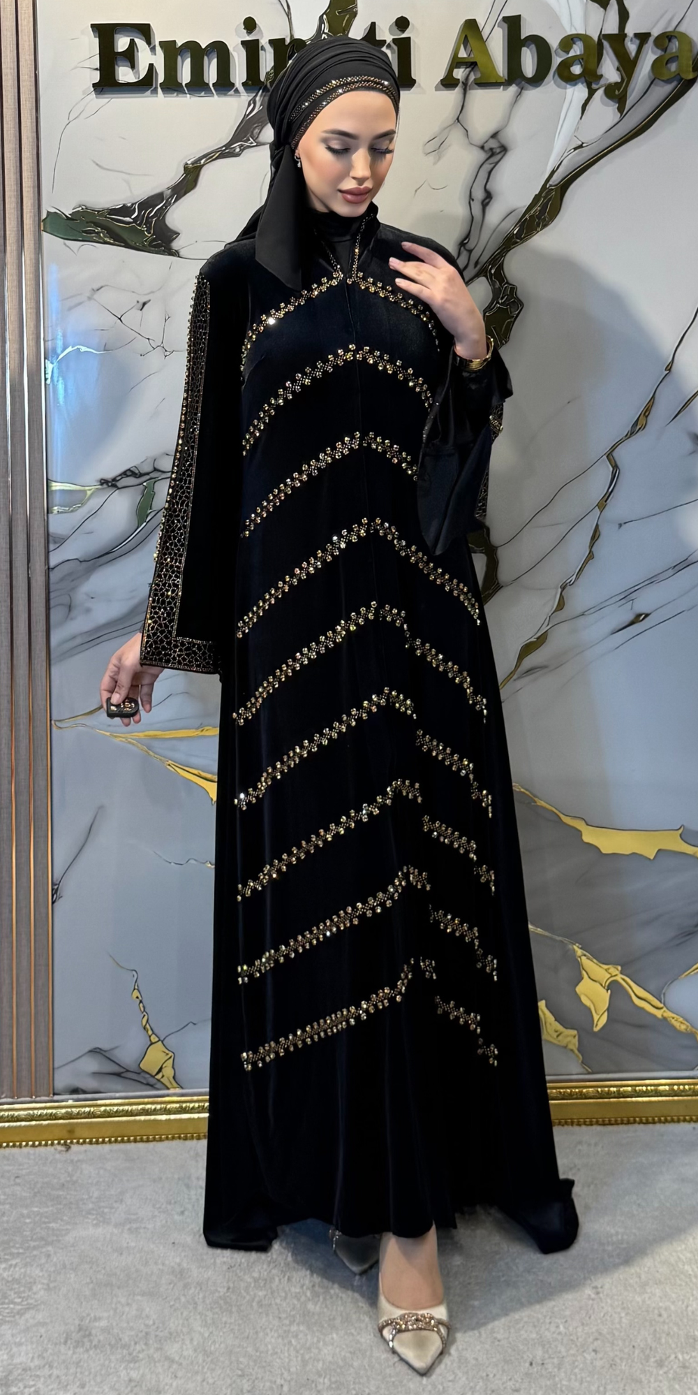 Altın Swarovski ve Çakma Taşlı Siyah Kadife Dubai Stil Abiye | WS15 GSVB