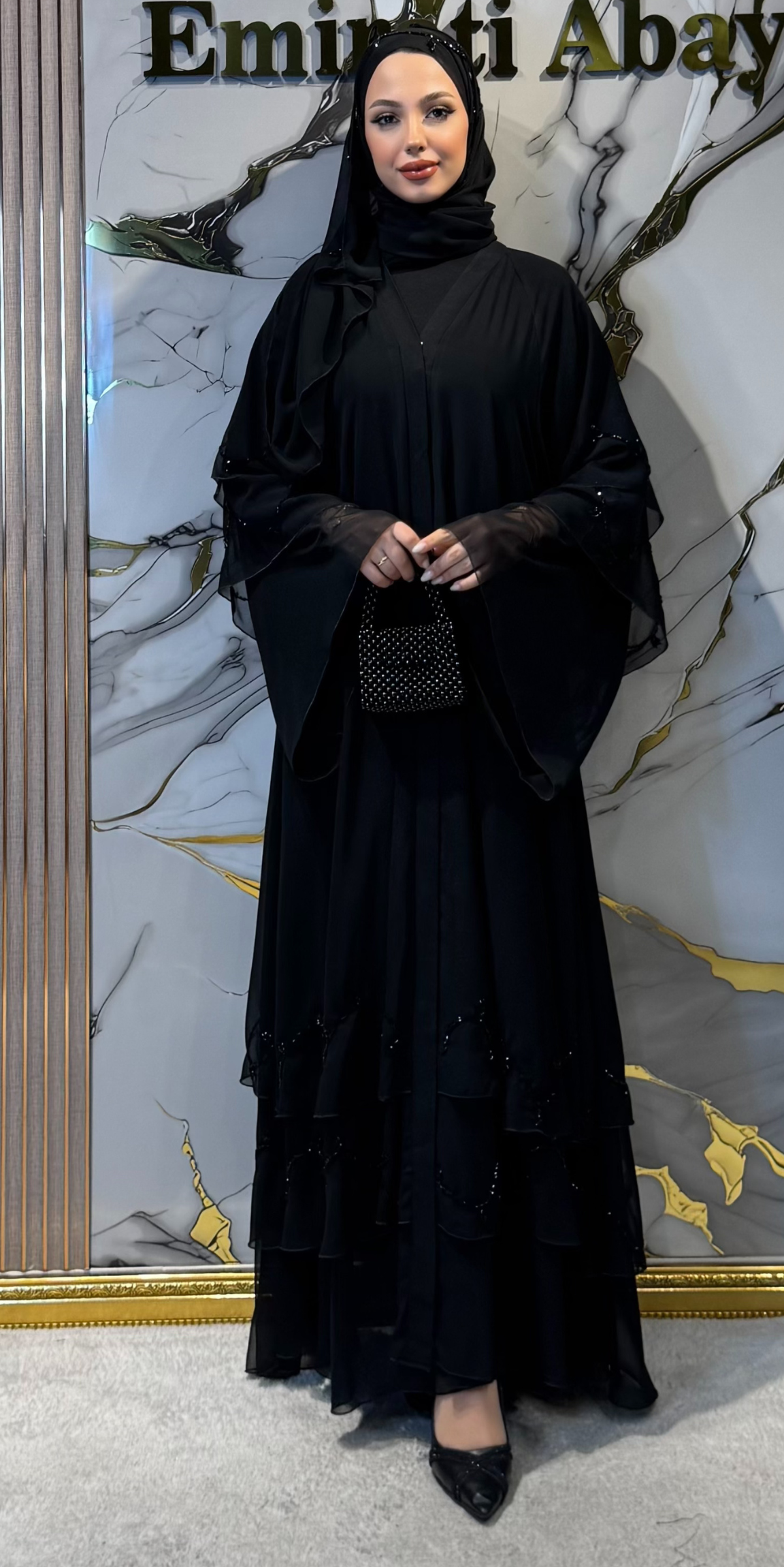 El İşlemesi Siyah Taşlı Premium Şifon Abaya M1 BSB - Lüks Gece Abayası