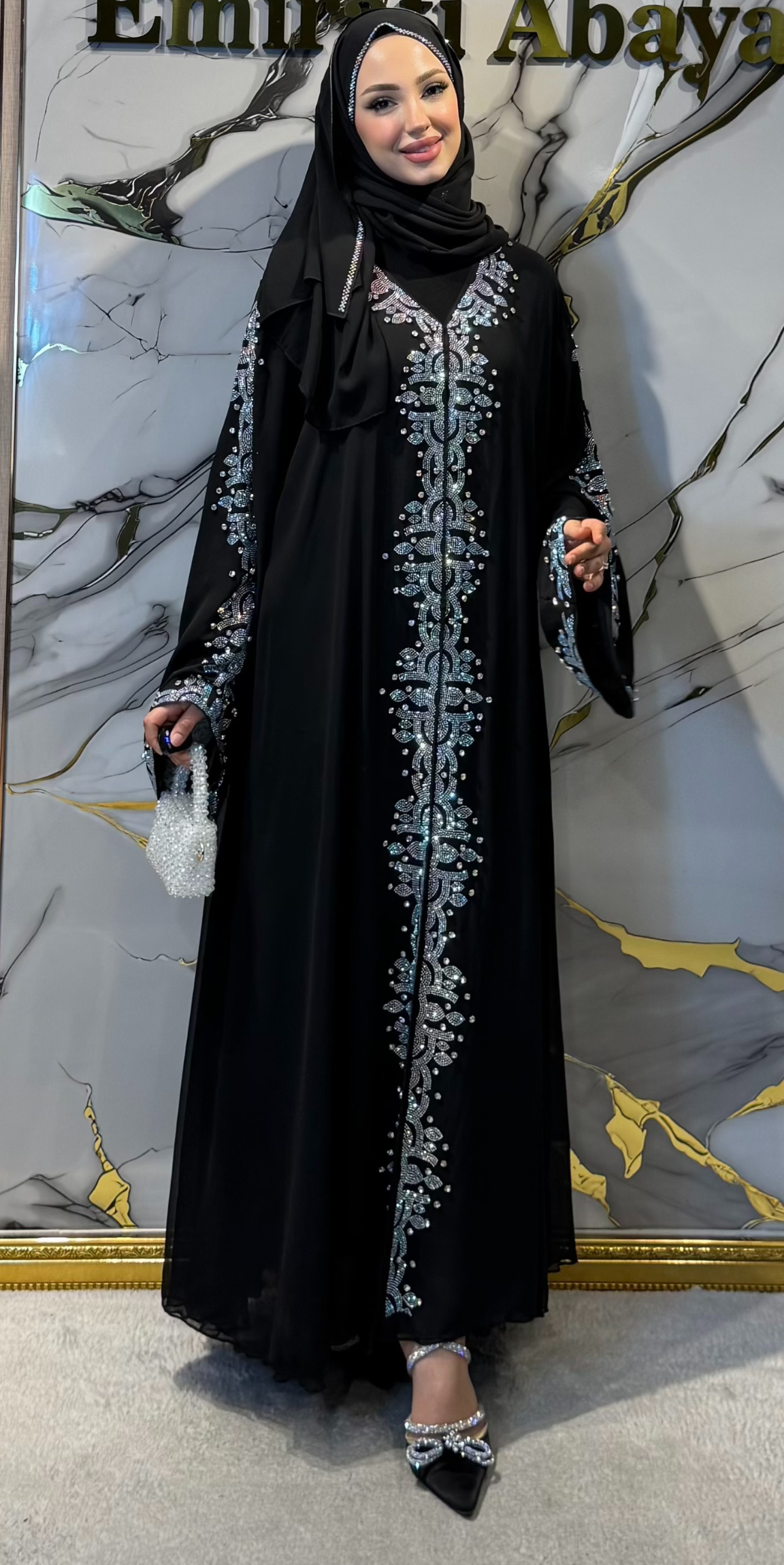 Stylish Black Chiffon Abaya with CanCan Stones on Front and Shoulder to Sleeves