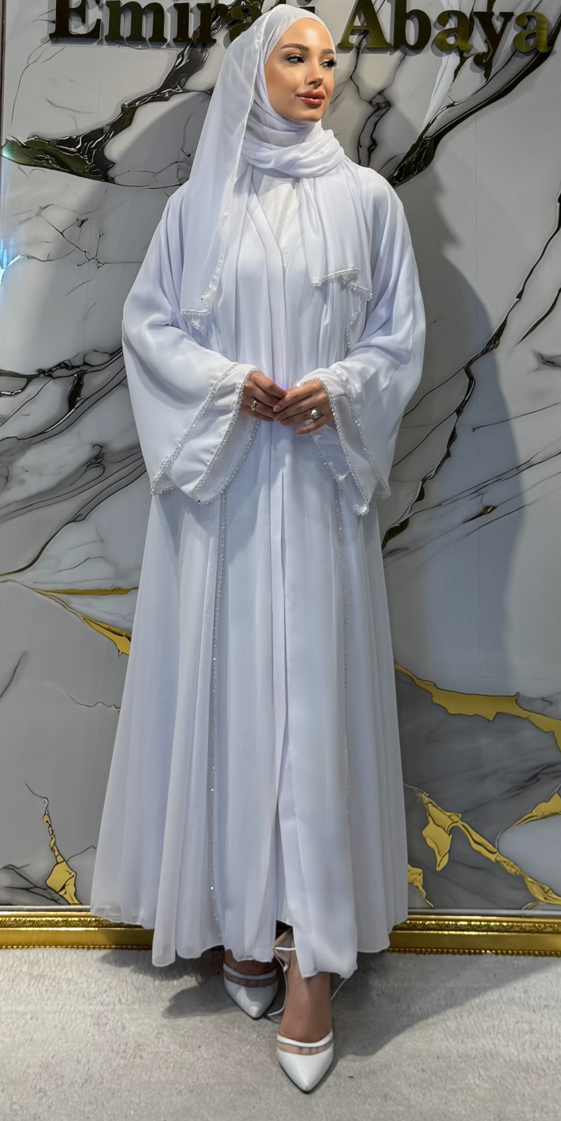 White Abaya with Front Slit and Beads TM06 HM WHITE