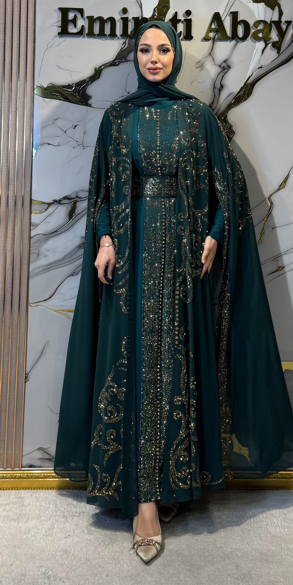 Gold Taşlı Yeşil Yöresel Takım | 4 Parça Set | Cape Kollu | WS73 GSGREEN