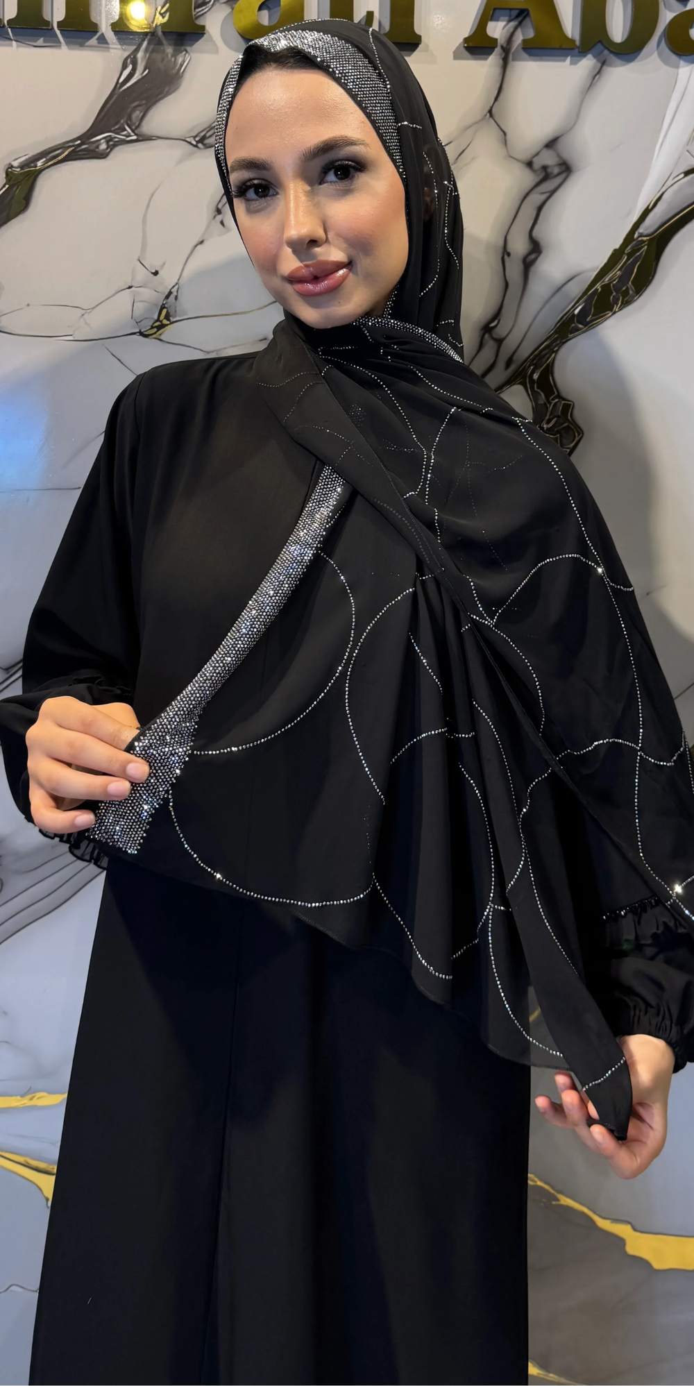 Kristal Flow Siyah Şifon Hematit Taşlı Şal 180x75cm ŞAL15 wSB - Premium Zarif Model