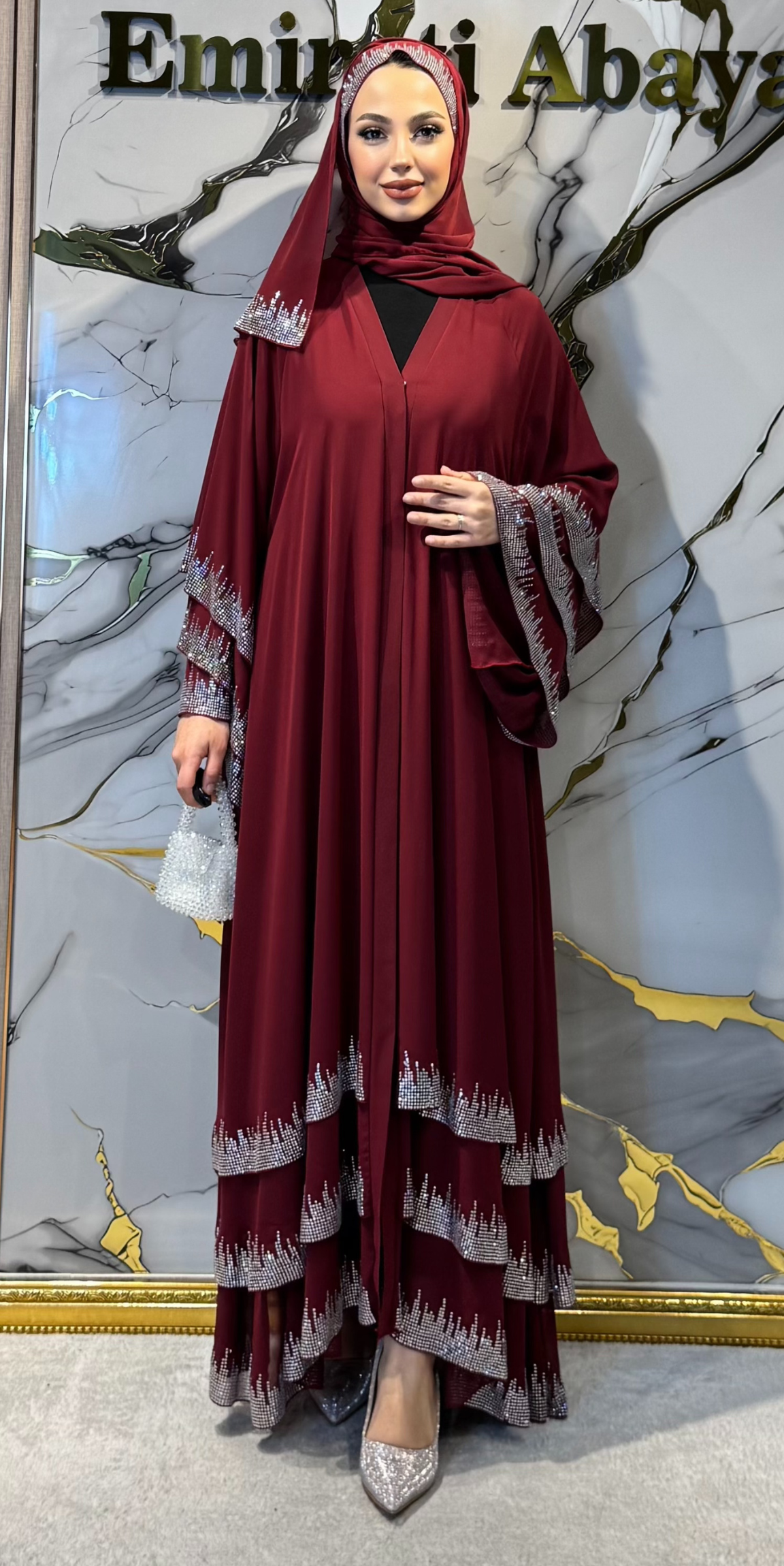 Üç Katlı Gümüş Taşlı Bordo Şifon Abaya Şal Dahi | TM22 WS BORDO