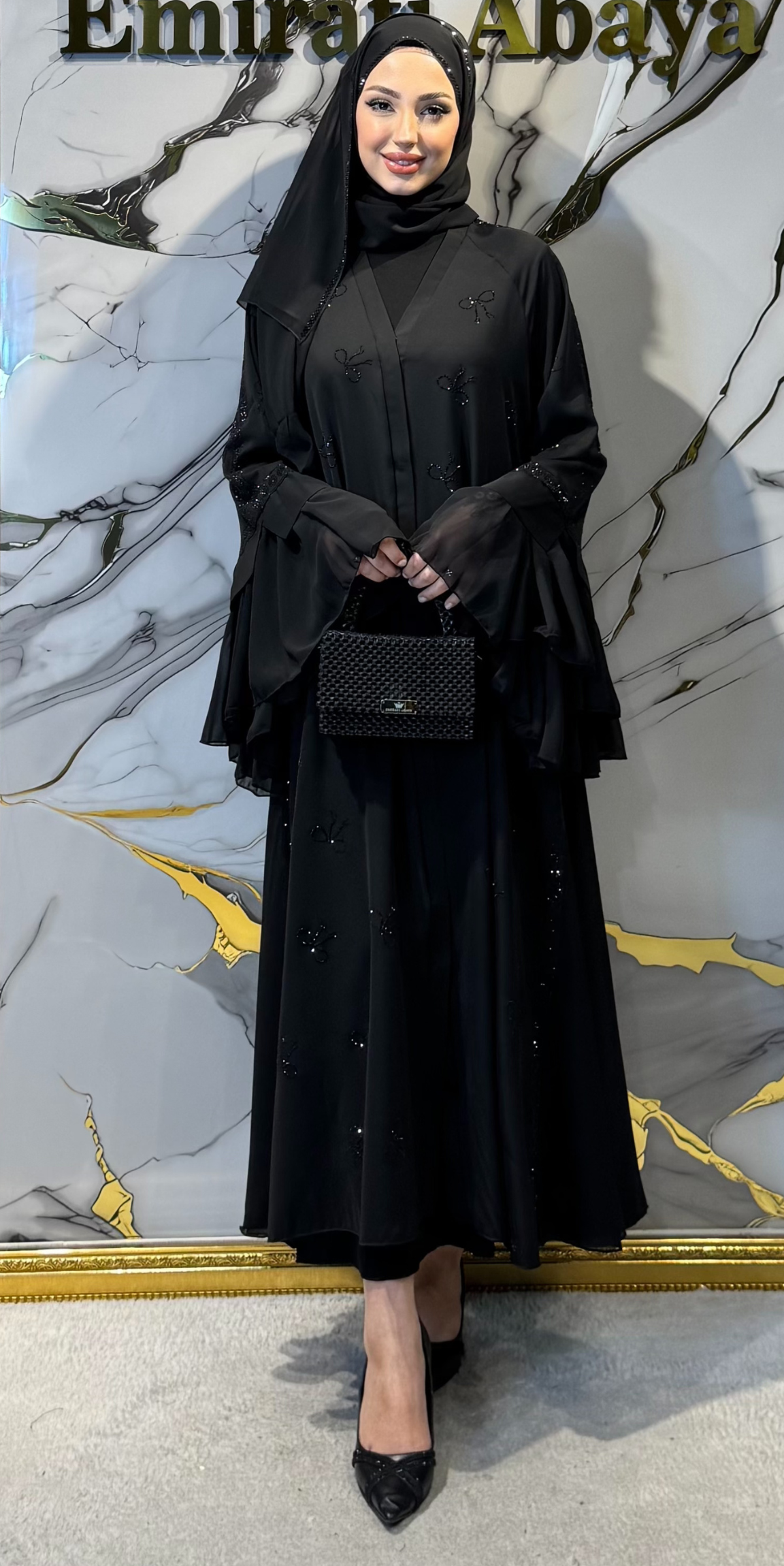 Lüks Kelebek Taş Desenli Siyah Şifon ve Dubai Kumaş Abaya - Şal Dahil WS68 BSB