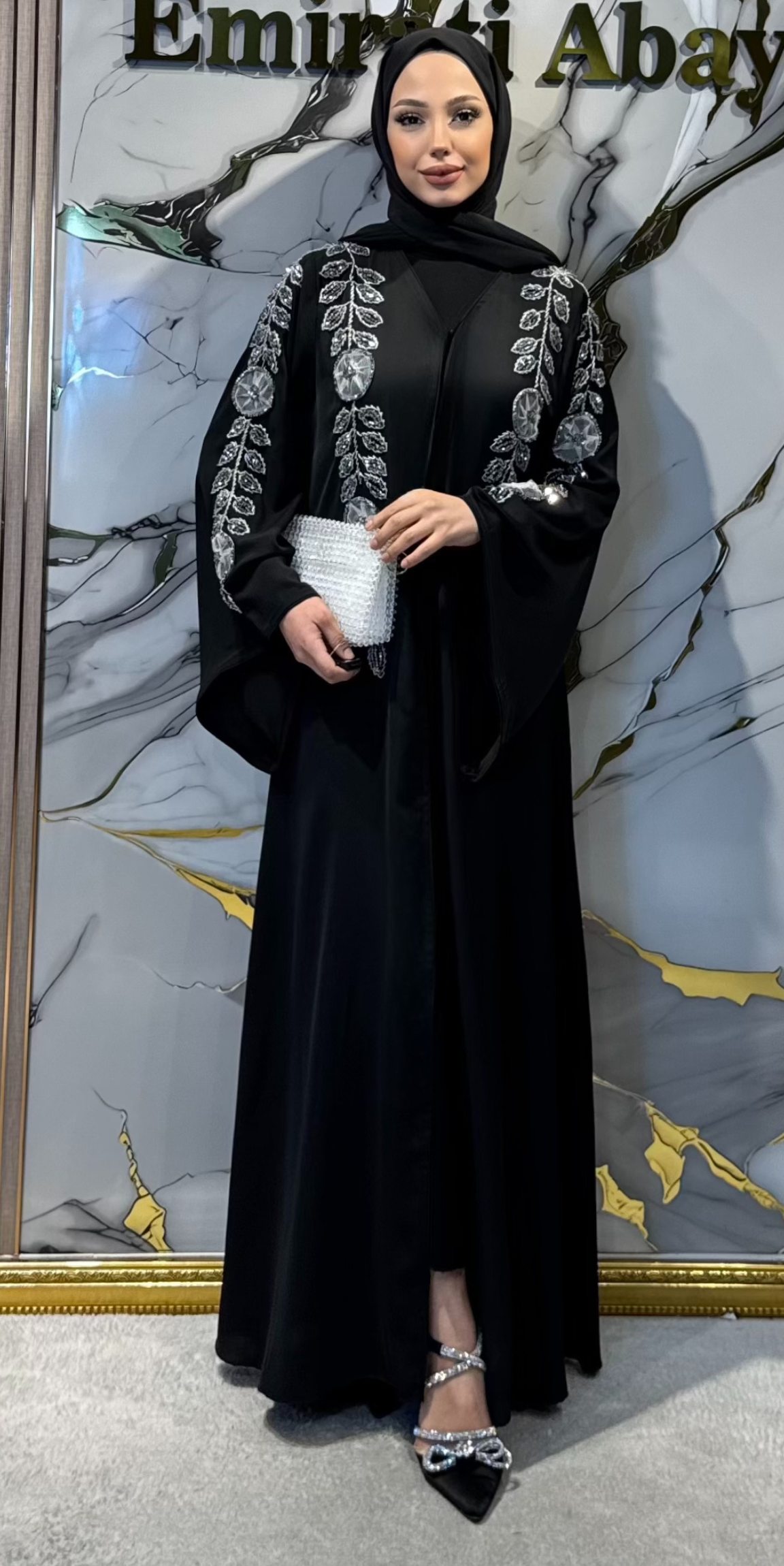 White Flower Hand Embroidered Dubai Silk Abaya