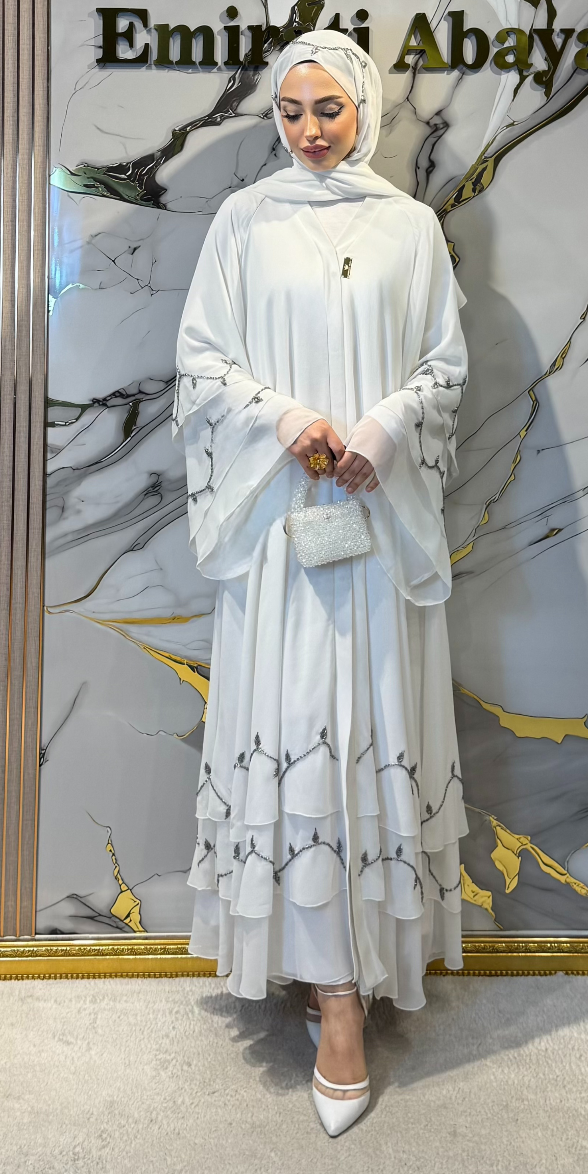Hematit Taşlı 3 Katlı Beyaz Şifon Abaya – Şallı Takım | M1 HS WHITE