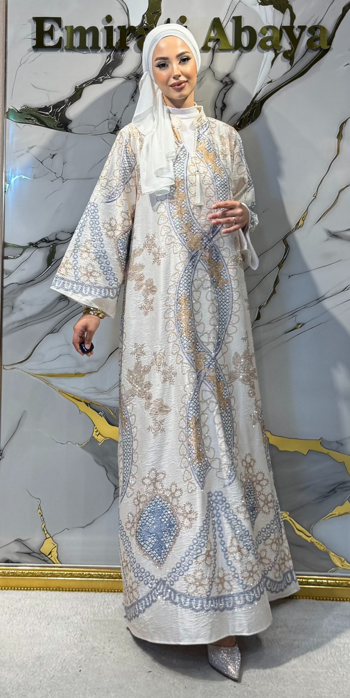 Arabesk Çiçek Baskılı Krem Jakar Günlük Abaya | KSA06 KREM
