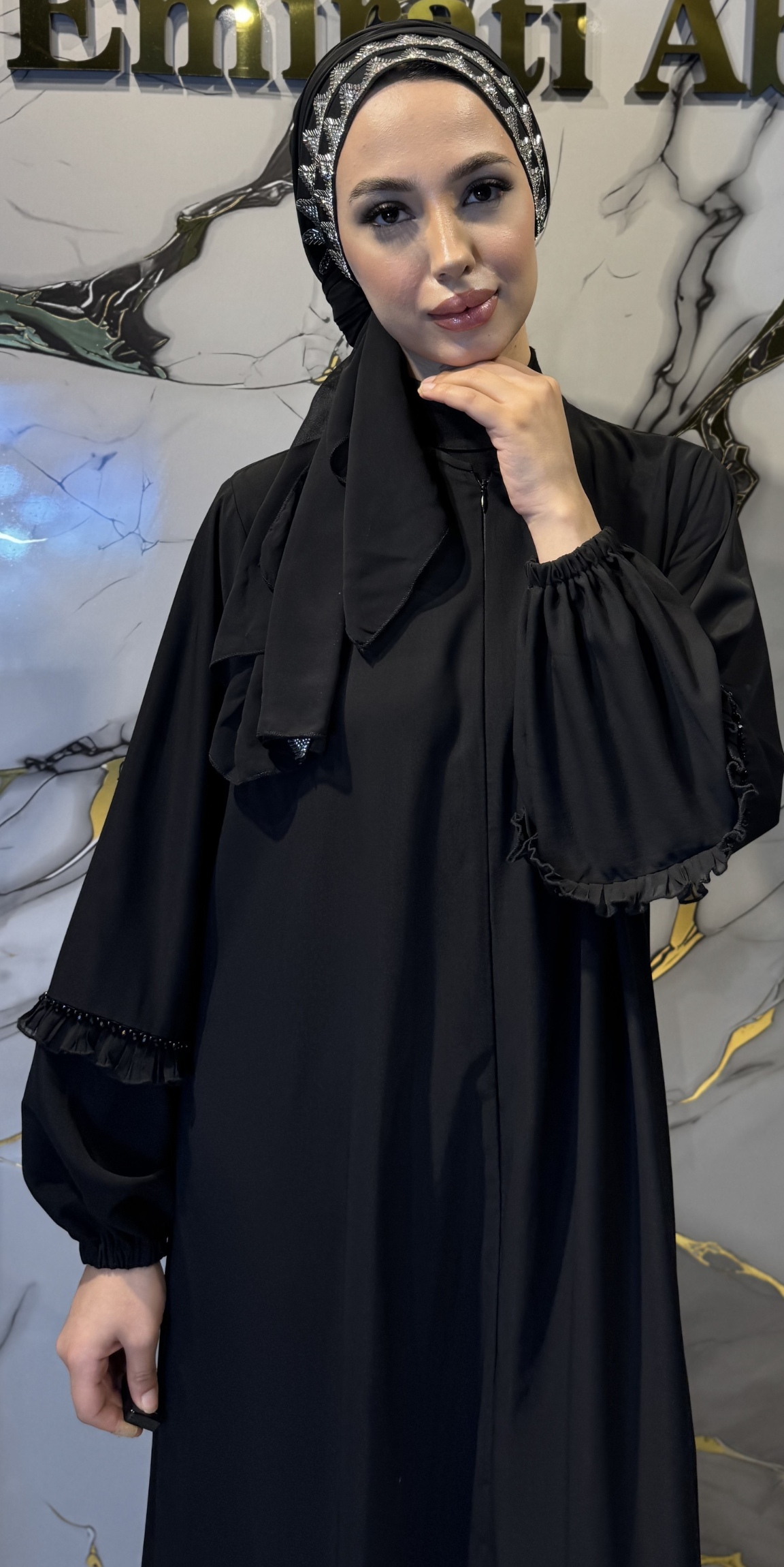 Front Hematite Stone Embellished Chiffon Scarf 180x75cm SHAWL17 HSB - Elegant Edge Detail Model