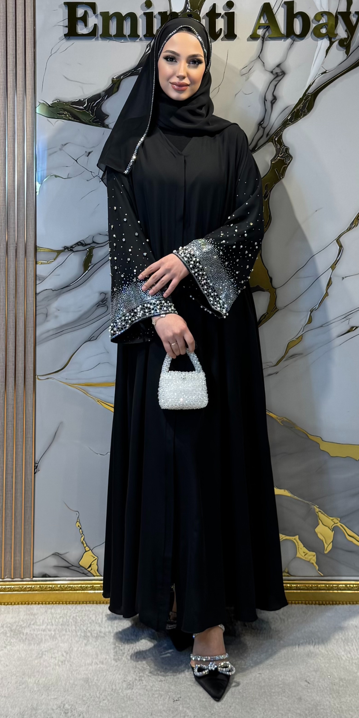 Kol Ucu İncili Swarovski Taşlı Abaya TM061